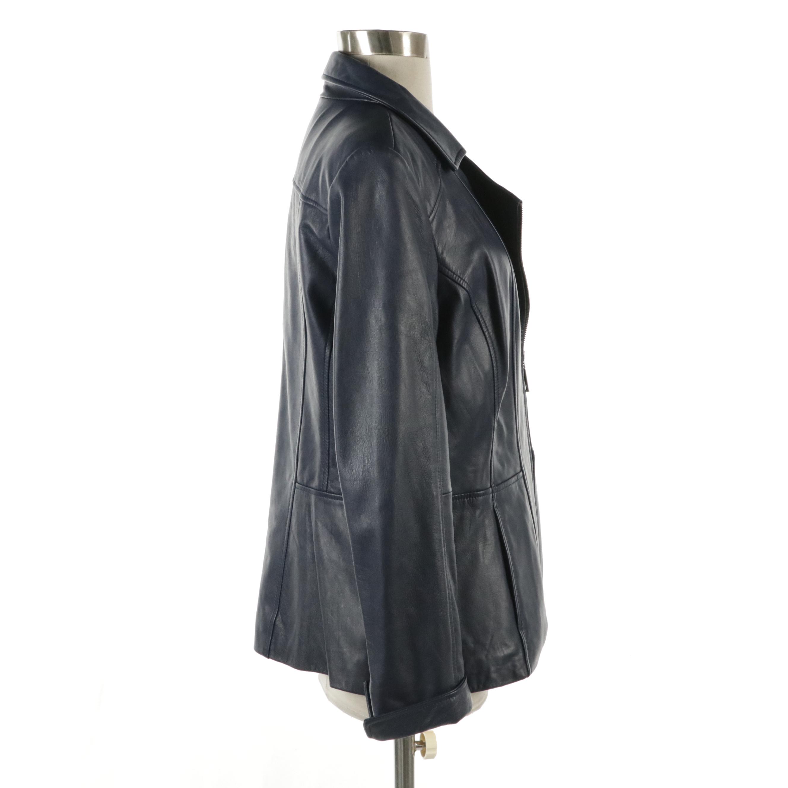 Denim & Co. Navy Blue Leather Moto Jacket