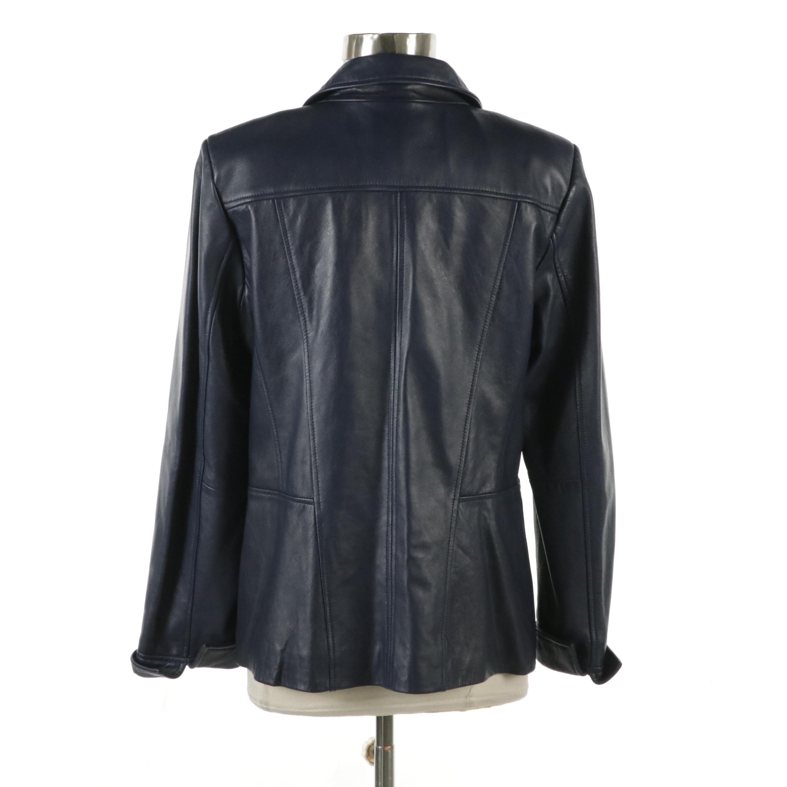 Denim & Co. Navy Blue Leather Moto Jacket