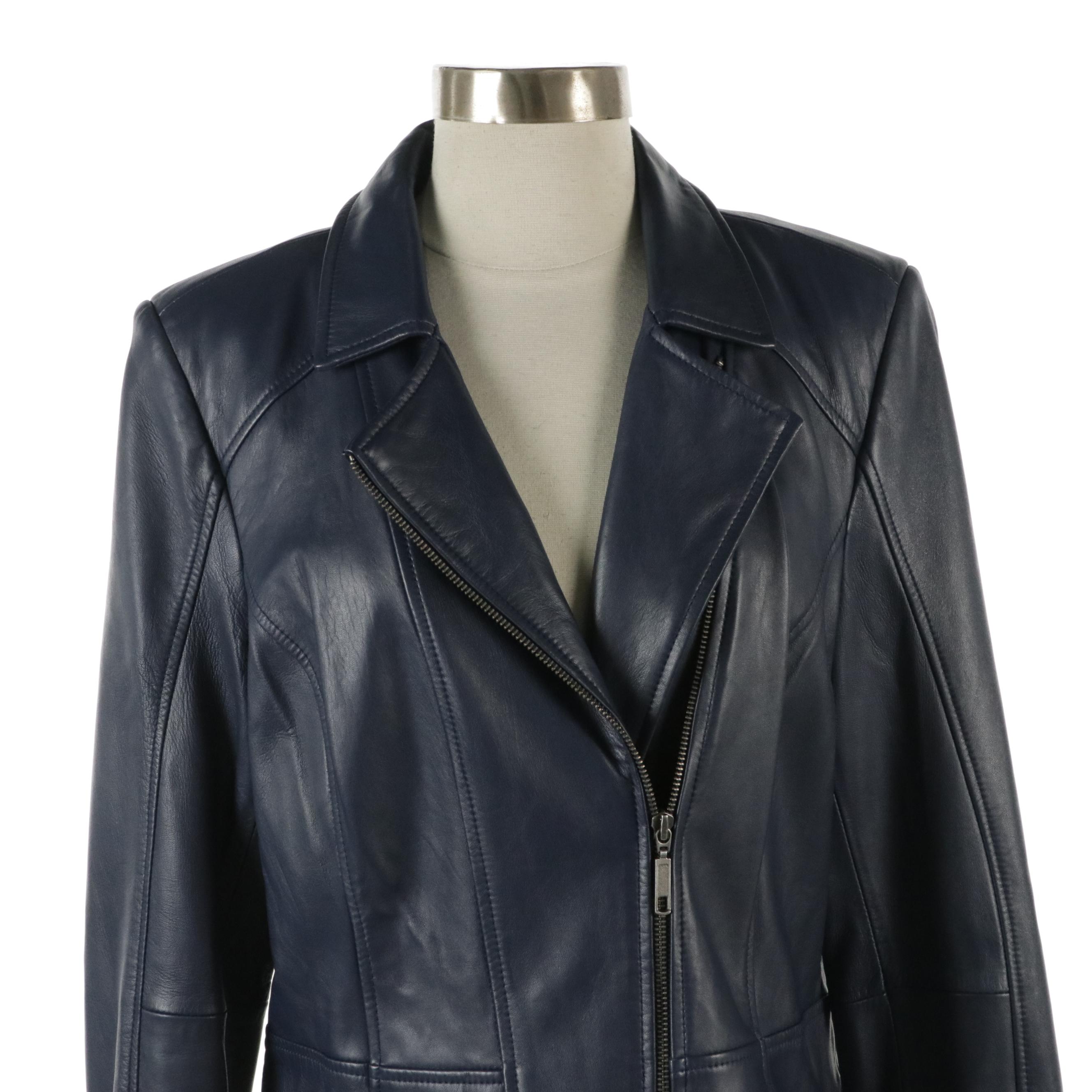 Denim & Co. Navy Blue Leather Moto Jacket