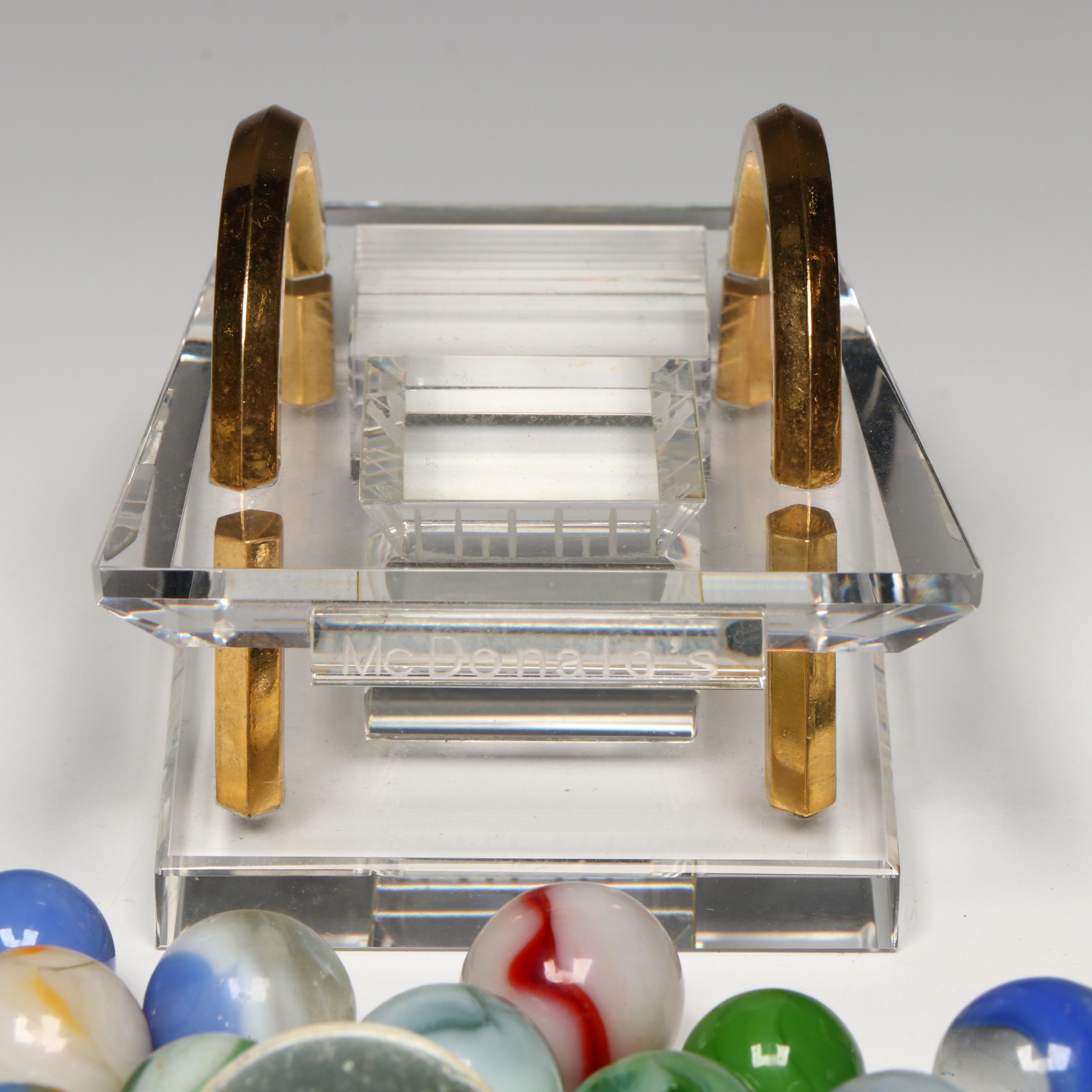 Akro Agate, Uranium Glass, and Other Glass Marbles with McDonald's Paperweight