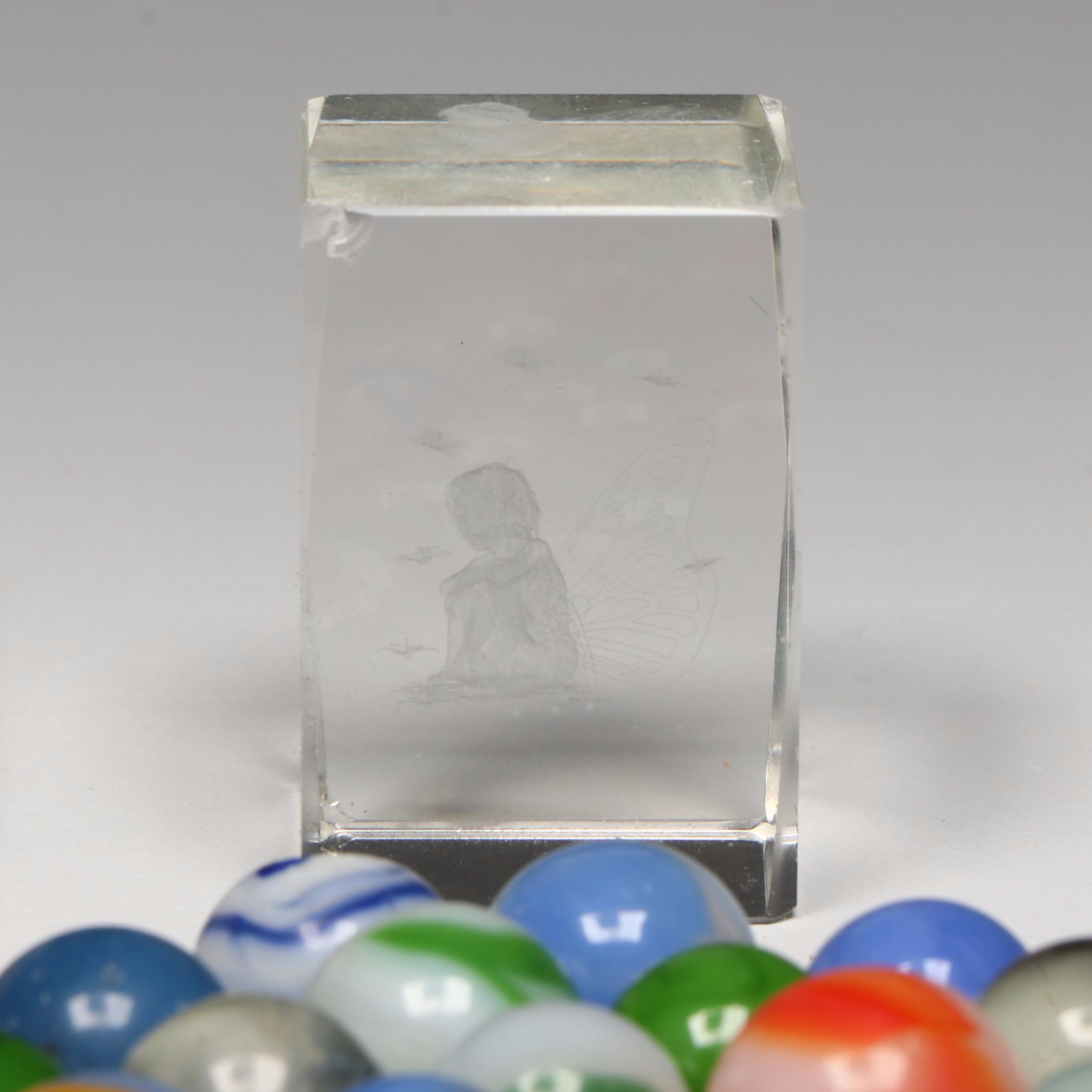 Akro Agate, Uranium Glass, and Other Glass Marbles with McDonald's Paperweight