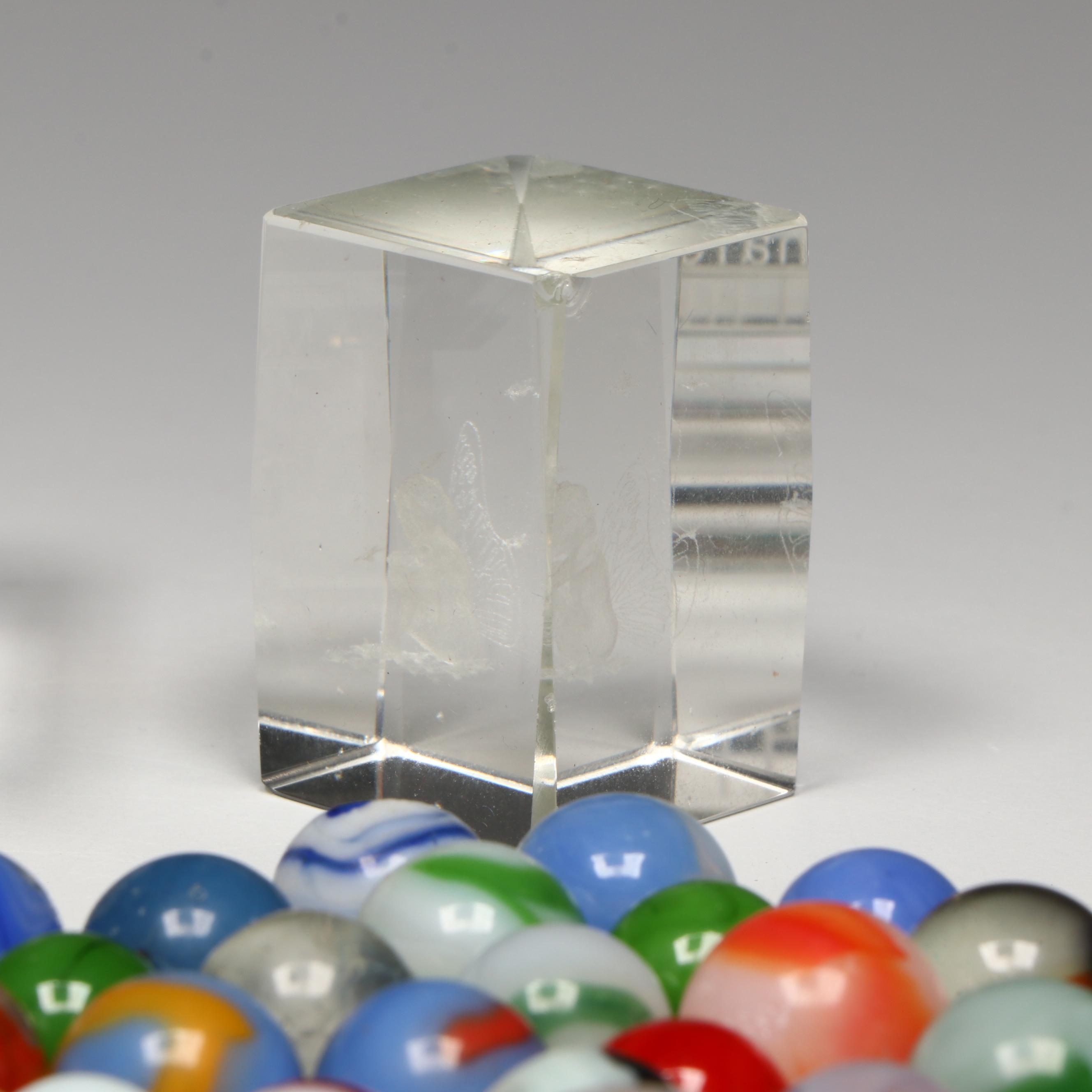 Akro Agate, Uranium Glass, and Other Glass Marbles with McDonald's Paperweight