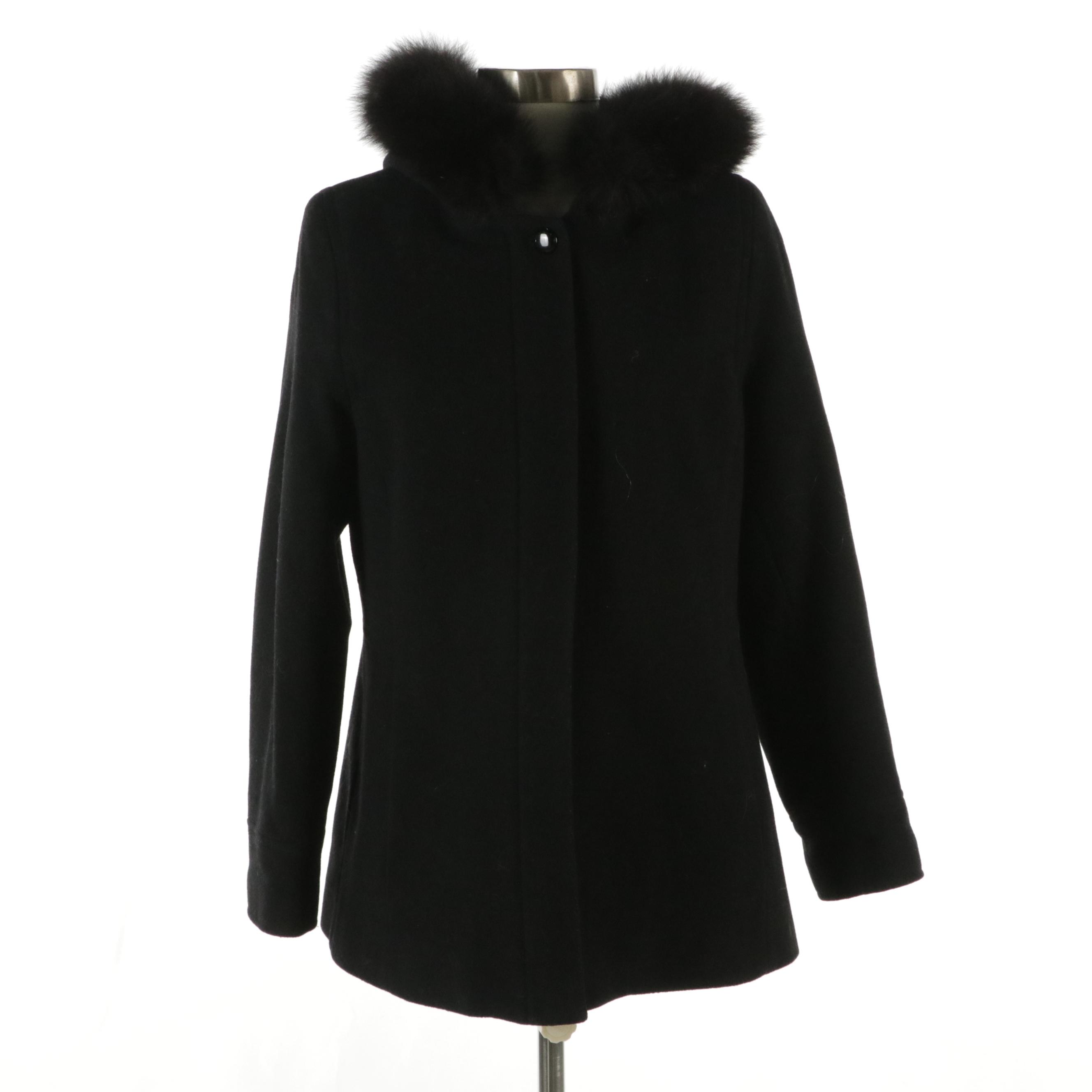 Forecaster Platinum Black Wool Blend Hooded Zip Jacket with Fox Fur Trim