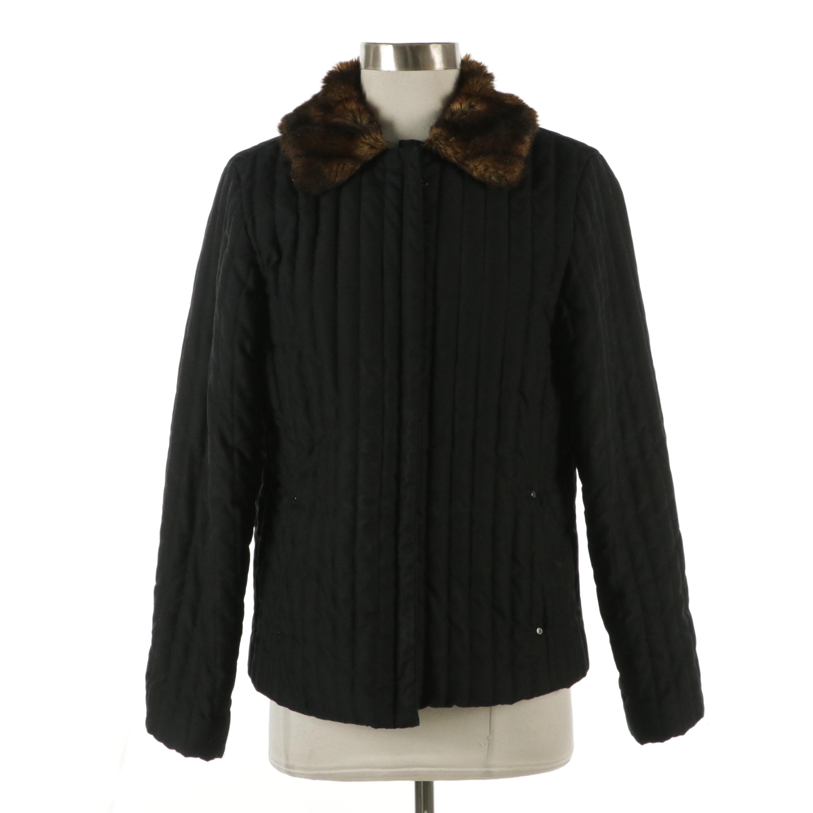 Lauren Ralph Lauren Vertical Quilted Polyester Jacket with Faux Fur Collar
