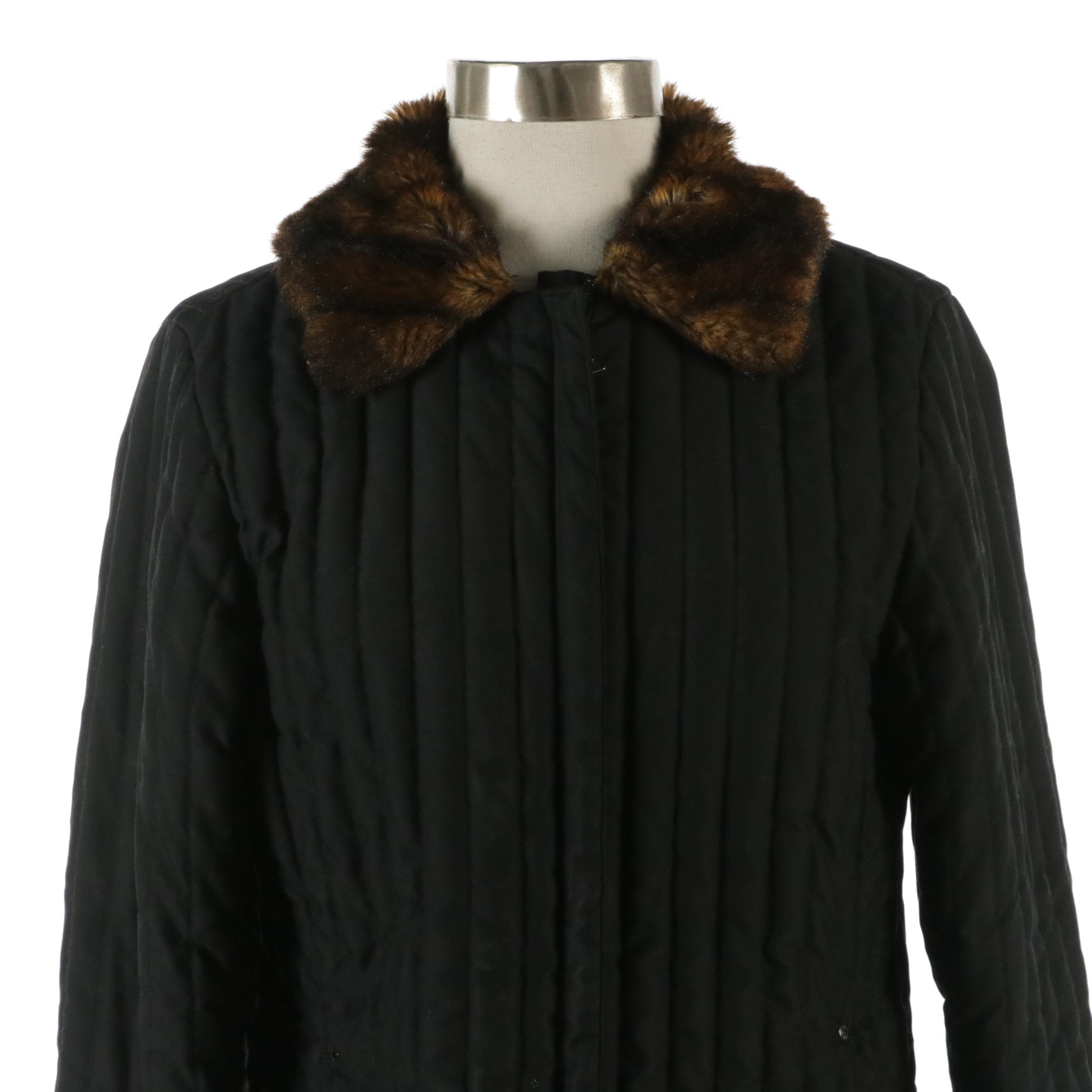 Lauren Ralph Lauren Vertical Quilted Polyester Jacket with Faux Fur Collar