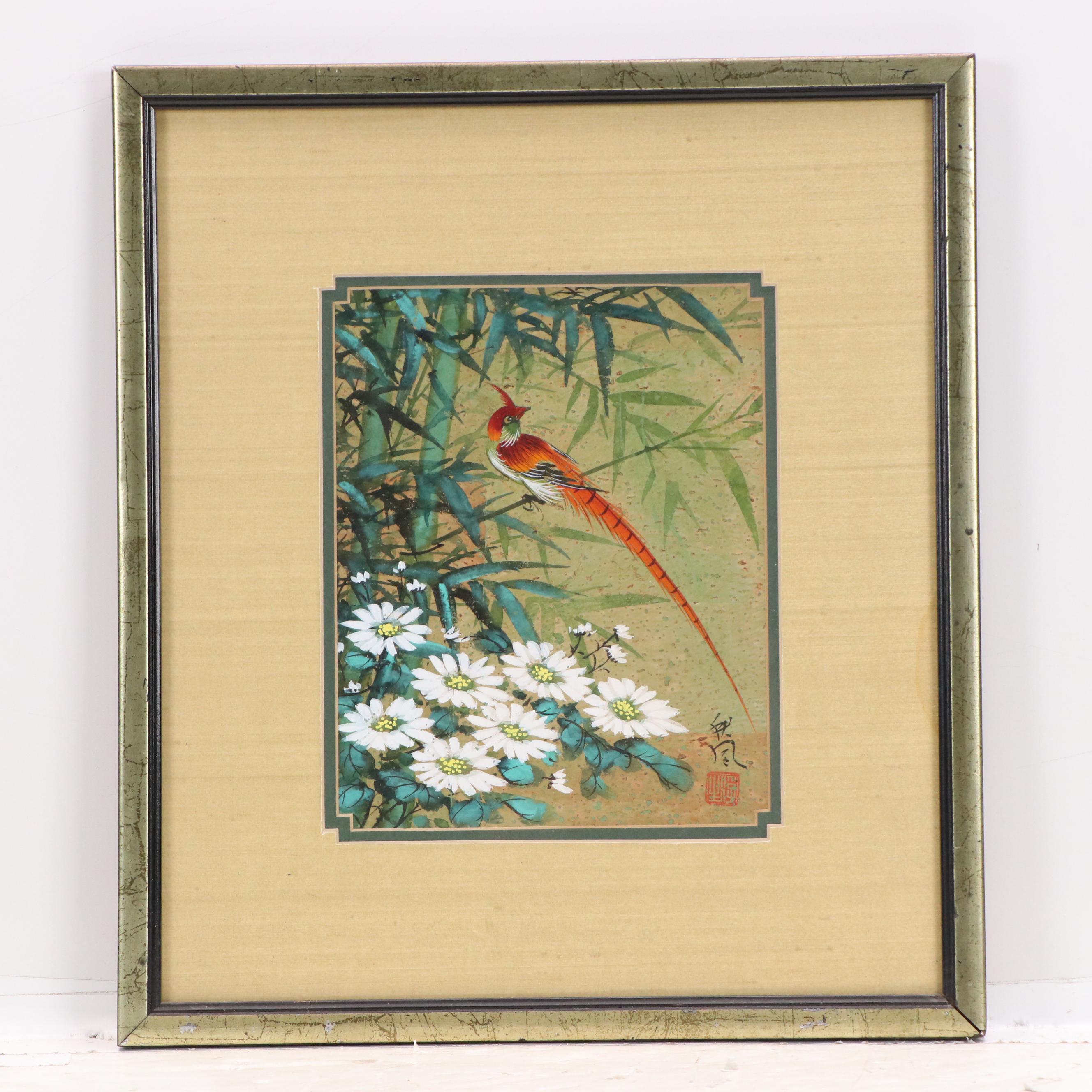 Set of Two Huaniaohua (Bird and Flower) Watercolor Paintings, 20th Century