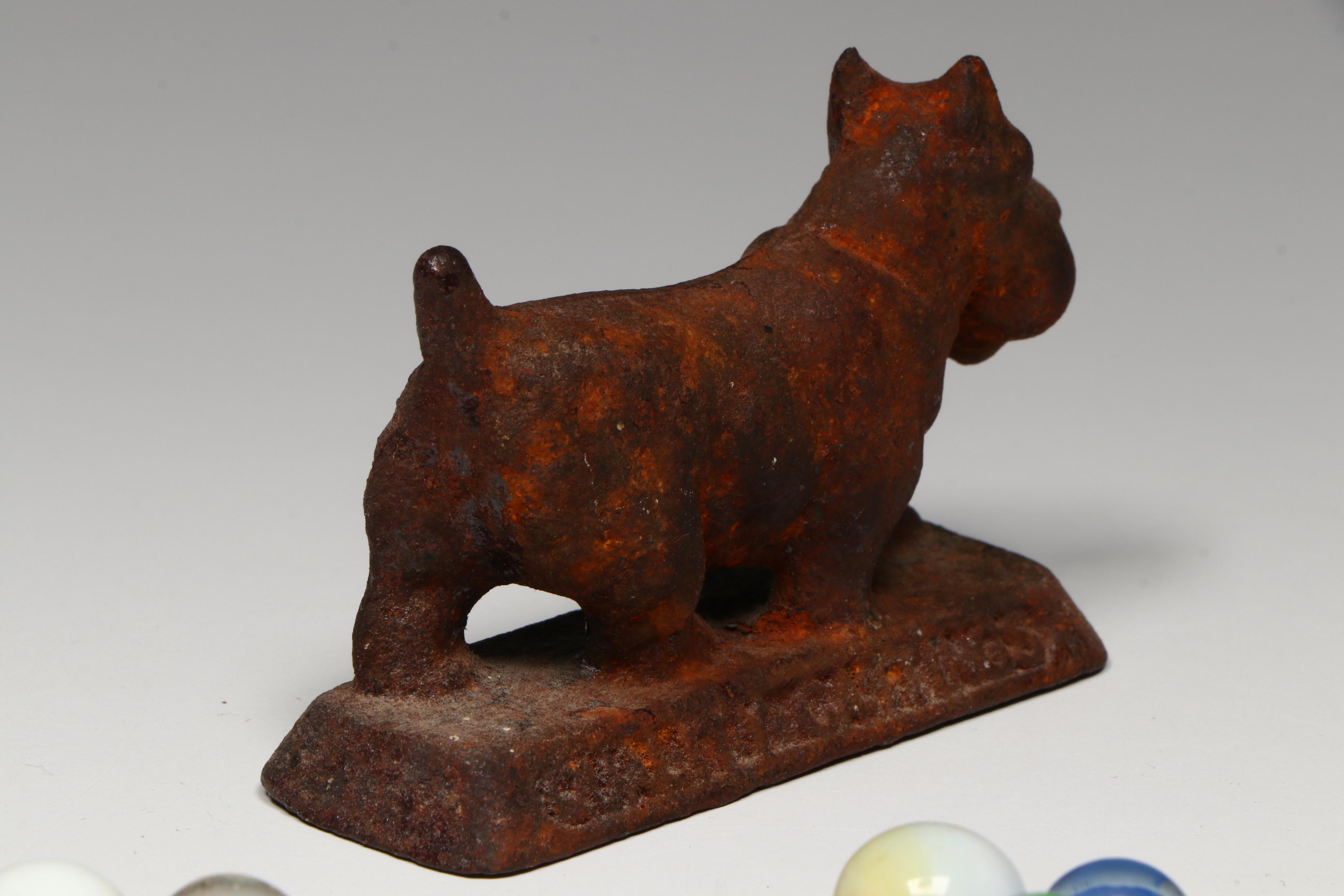 Uranium Glass, Cat's Eye and Other Marbles with Cast Iron Dogs and Cat