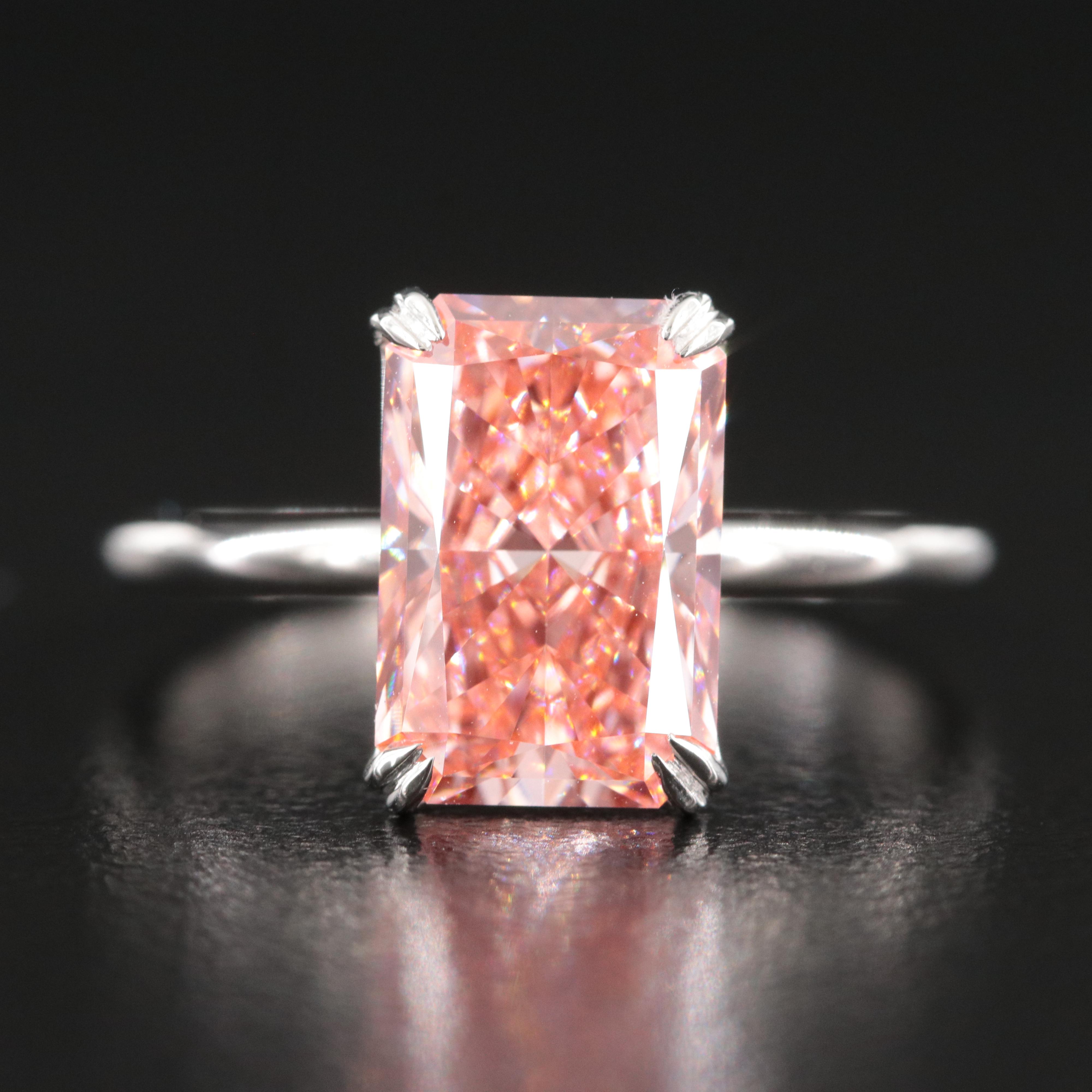 Platinum 3.03 CT Lab Grown Fancy Pink Diamond Solitaire Ring with IGI Report