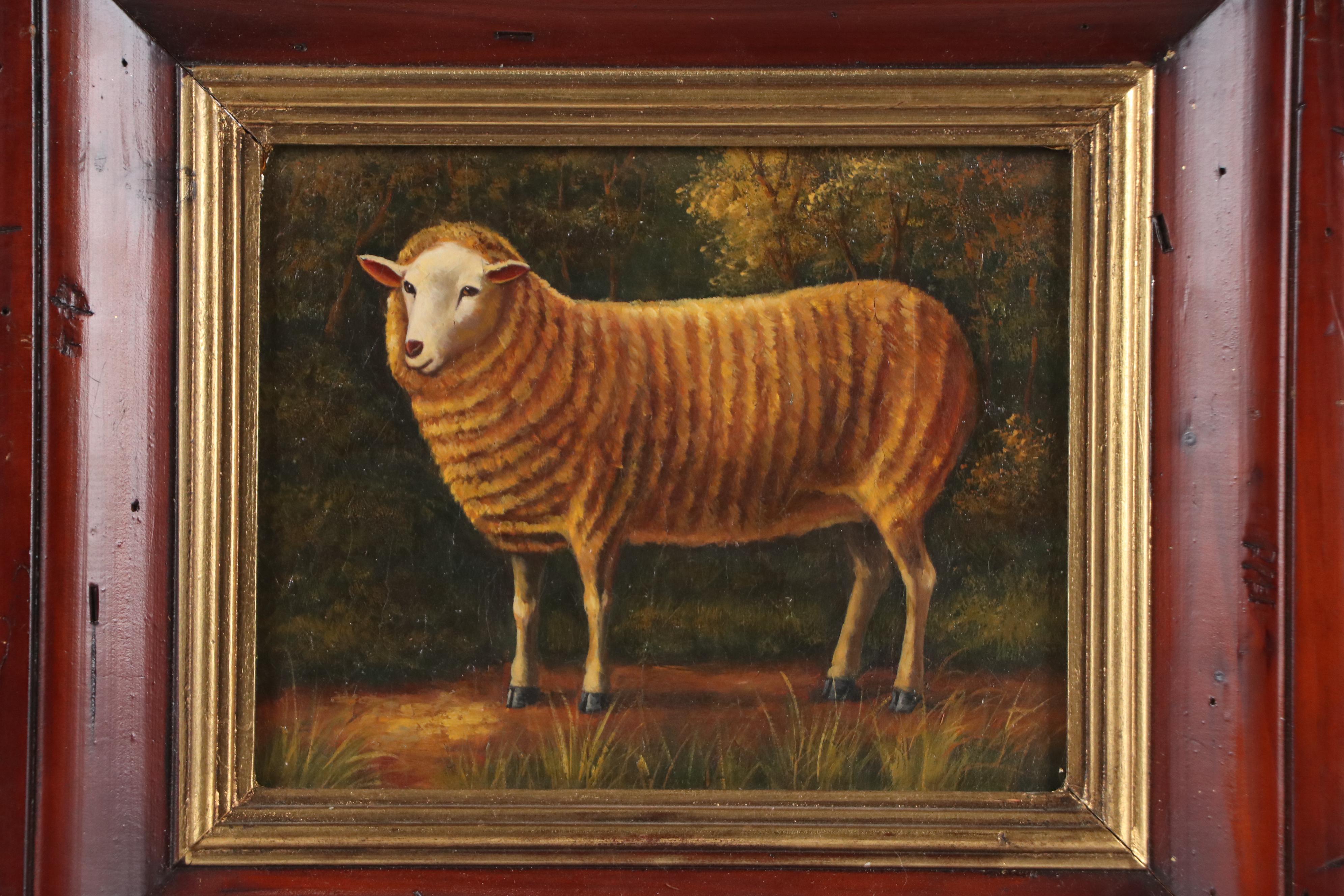 Folk Art Oil Painting of Standing Sheep, 20th Century