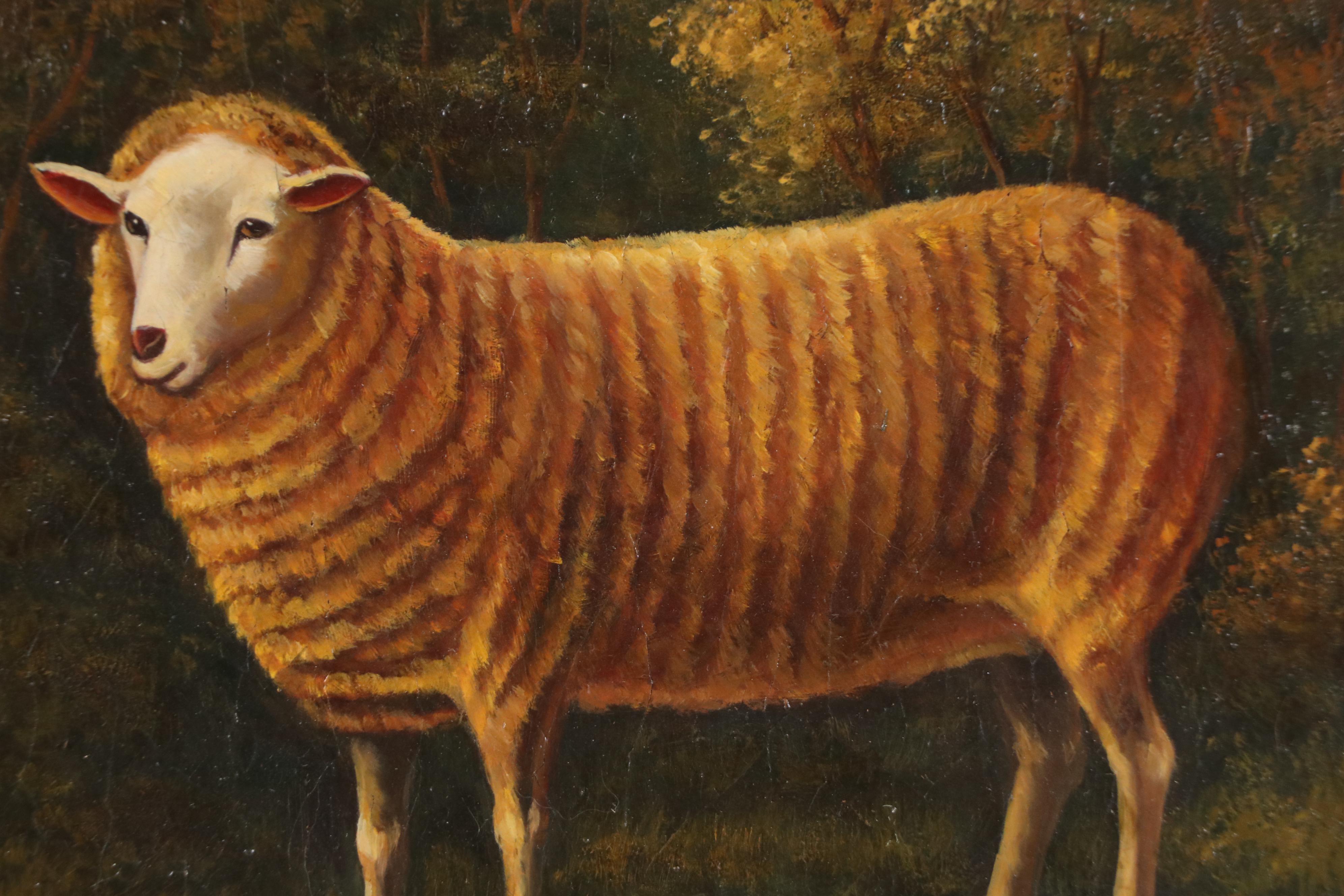 Folk Art Oil Painting of Standing Sheep, 20th Century