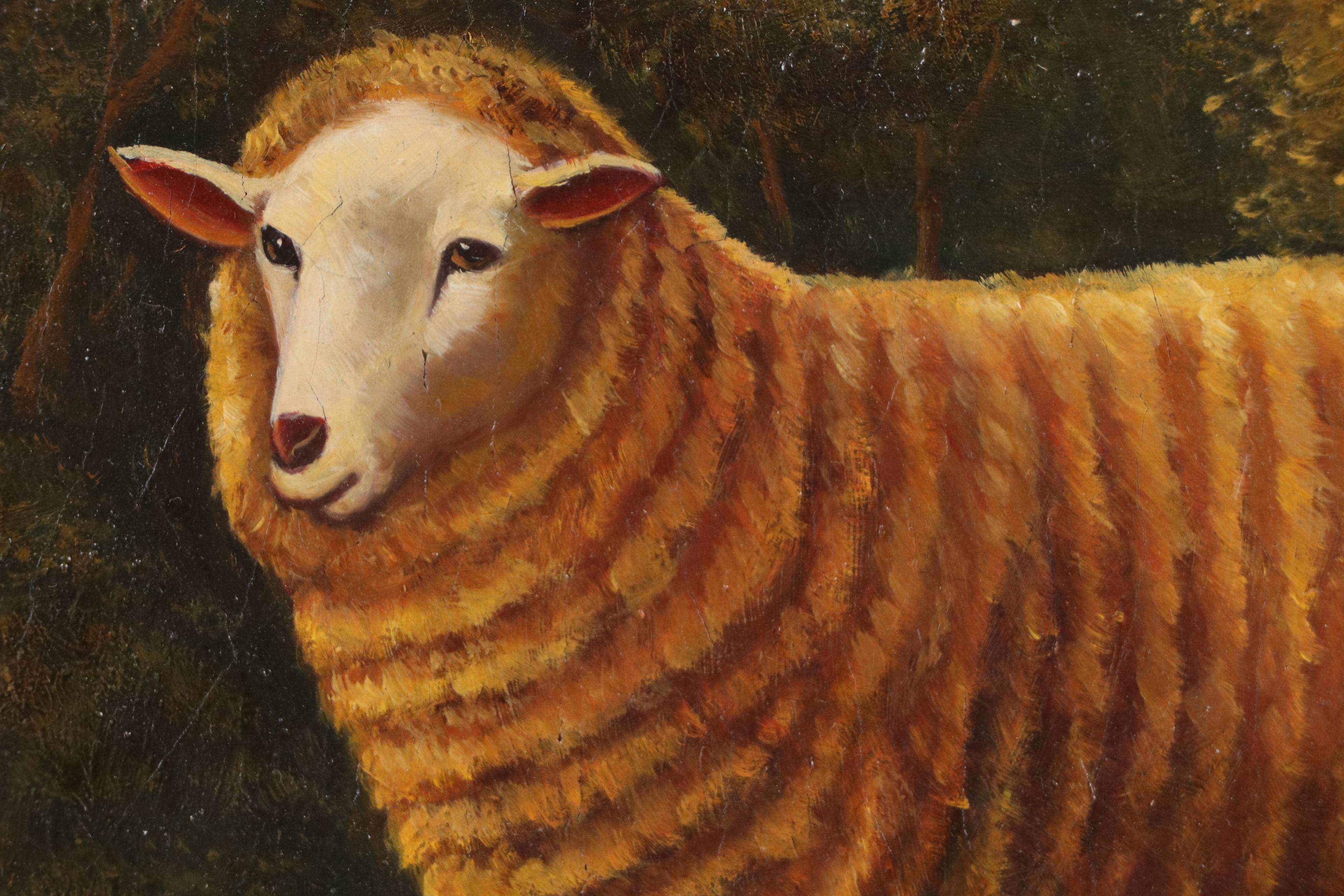 Folk Art Oil Painting of Standing Sheep, 20th Century