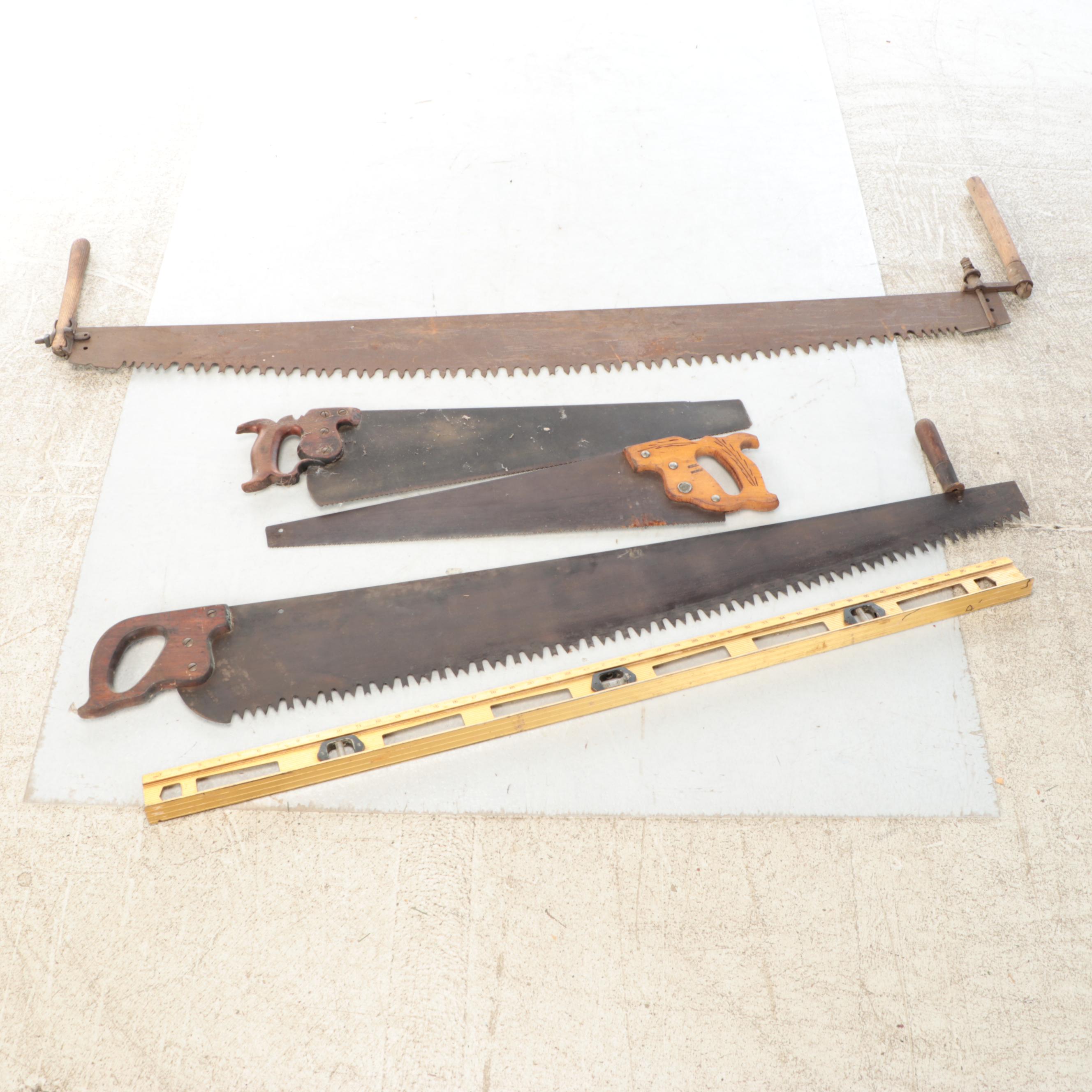 Two-Man Crosscut Saw, Hand Saws, and Spirit Level