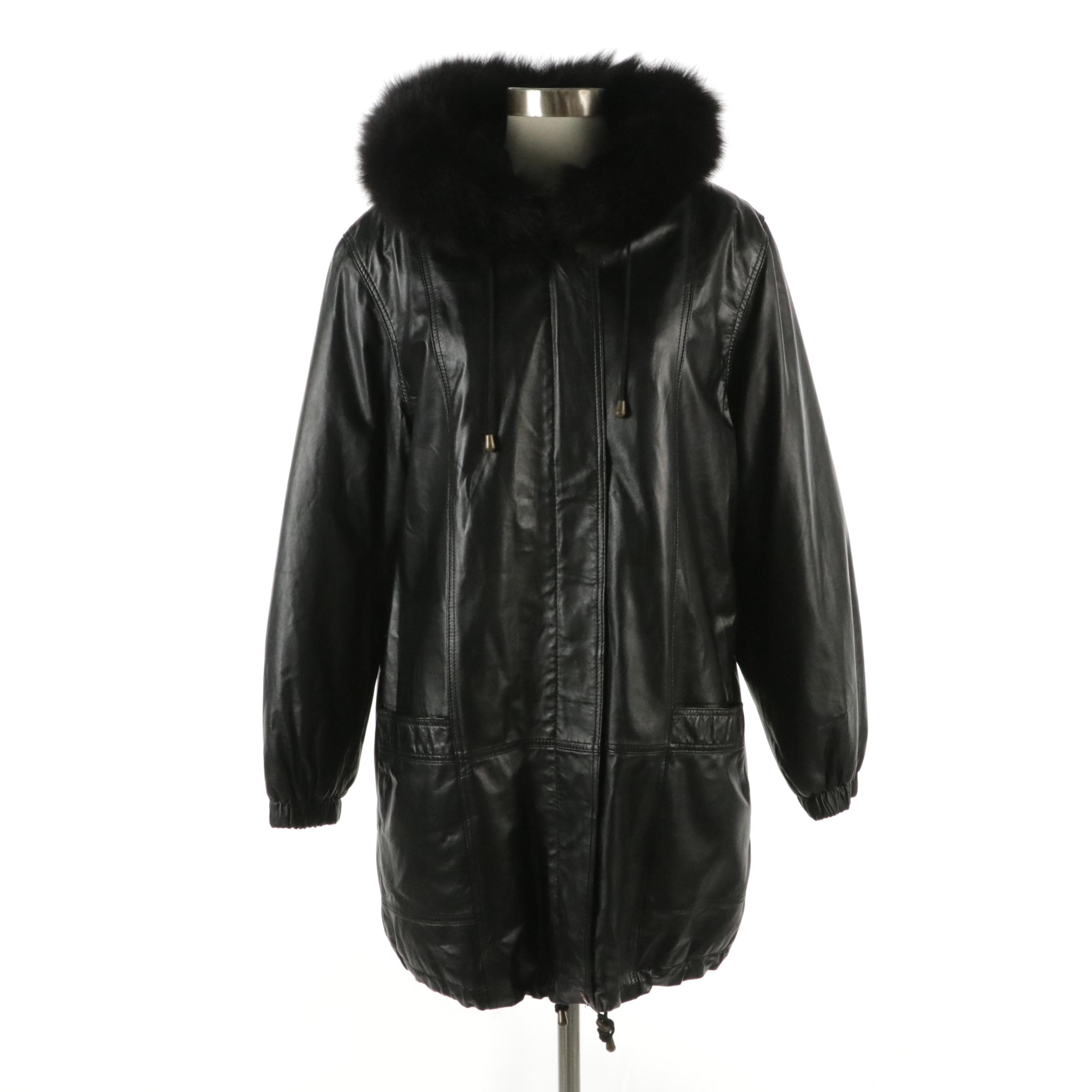 Excelled Collection Black Leather Faux-Fur Mid-Length Zipper Front Jacket