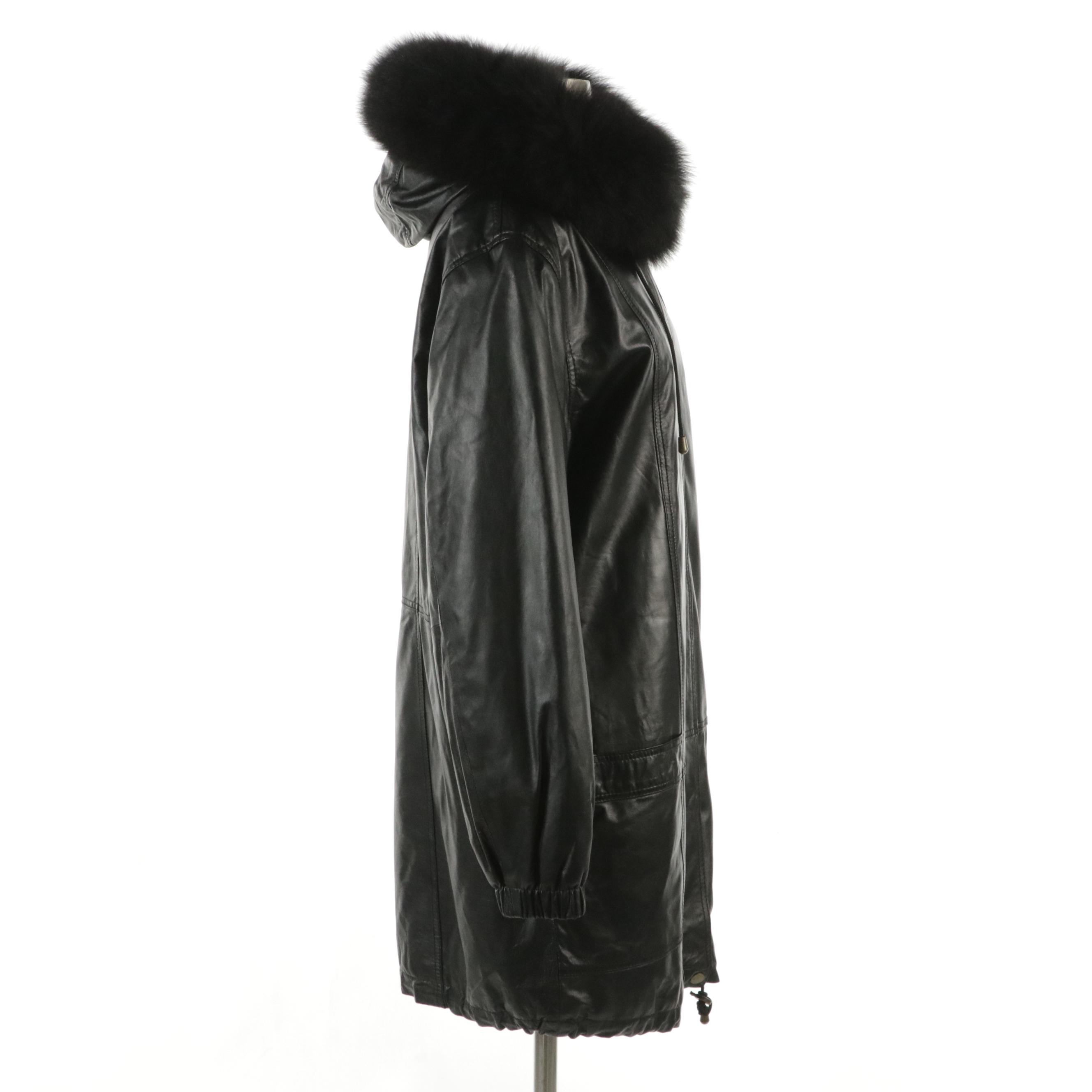 Excelled Collection Black Leather Faux-Fur Mid-Length Zipper Front Jacket