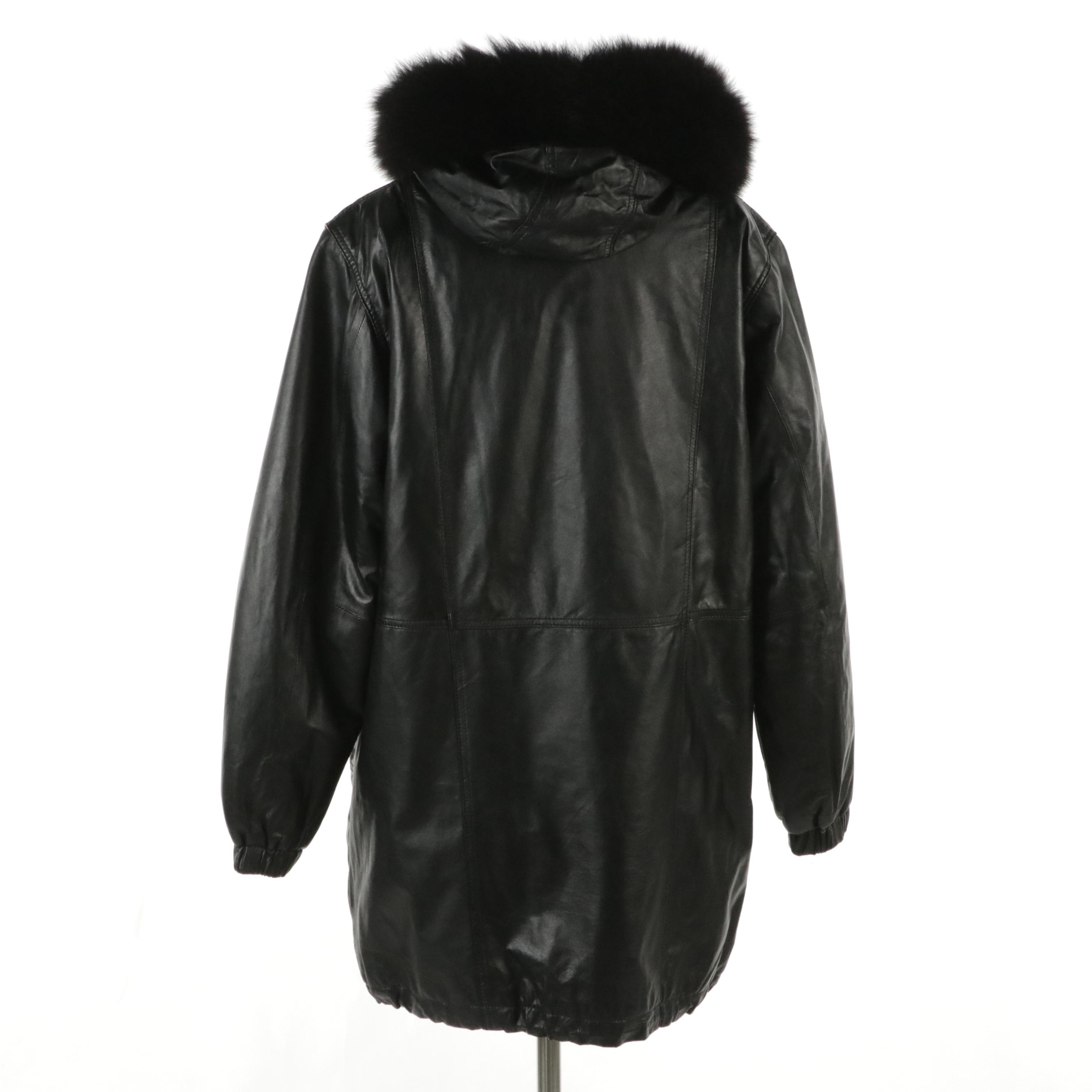 Excelled Collection Black Leather Faux-Fur Mid-Length Zipper Front Jacket
