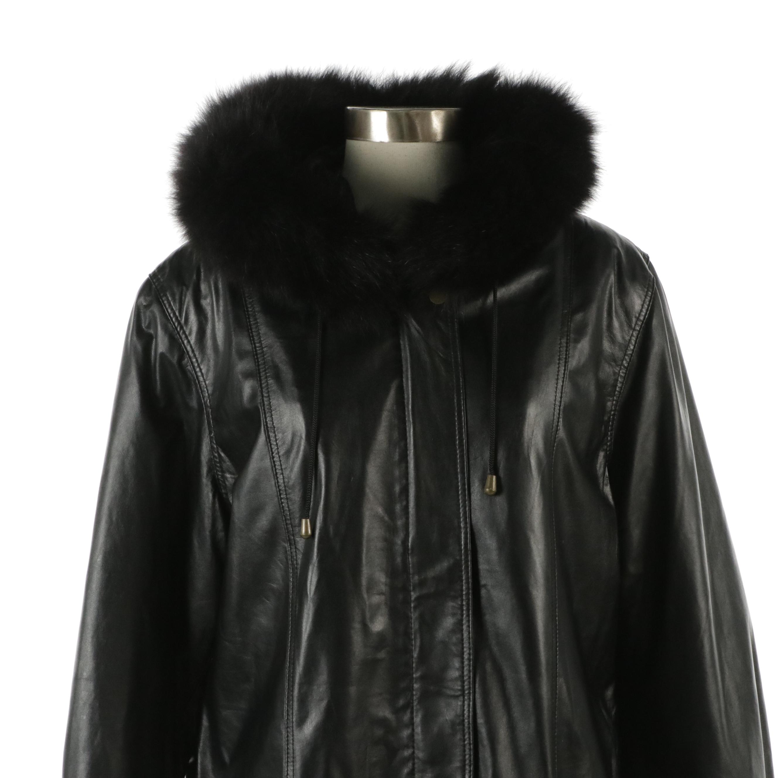 Excelled Collection Black Leather Faux-Fur Mid-Length Zipper Front Jacket