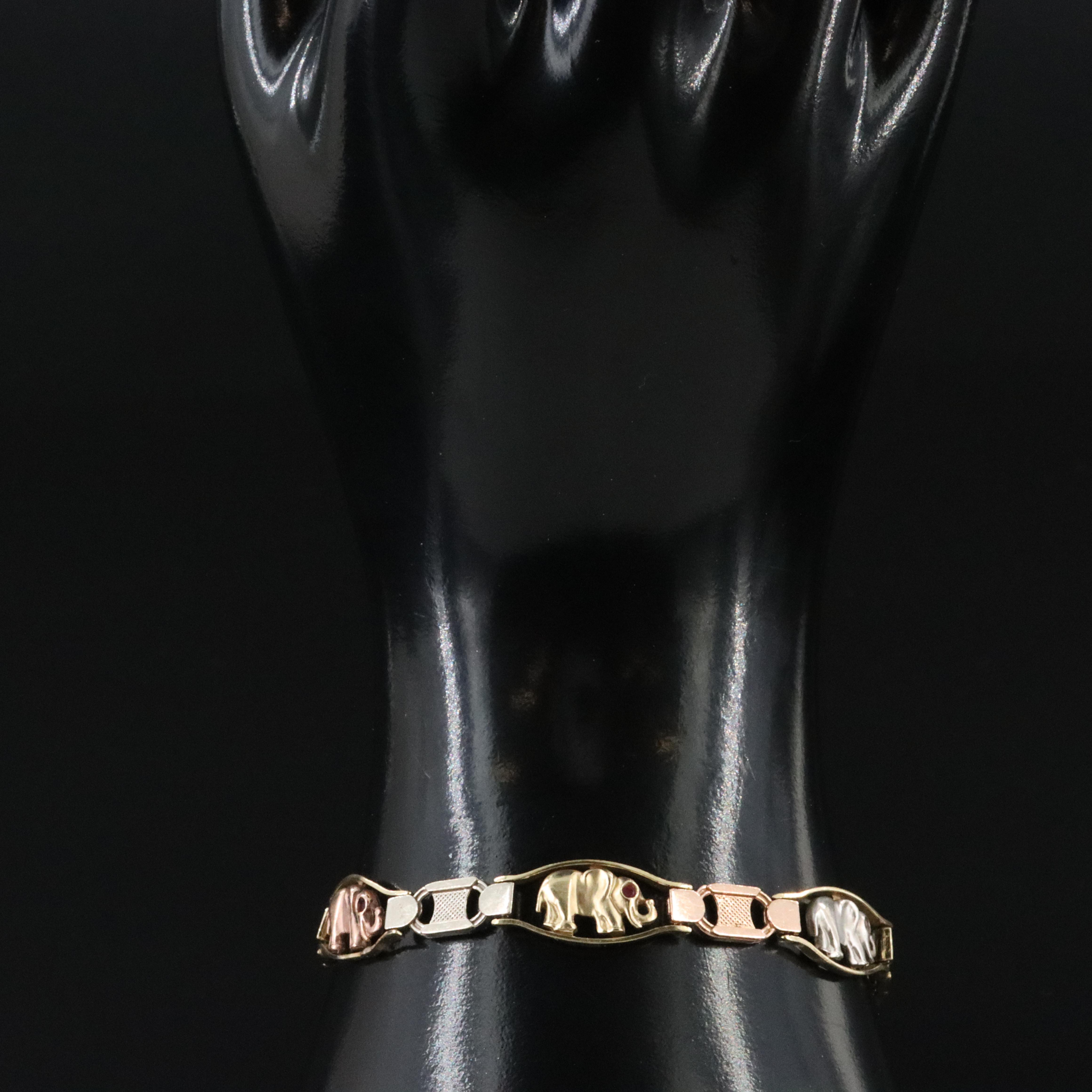 14K Tri-Color Elephant Link Bracelet with Ruby Eyes