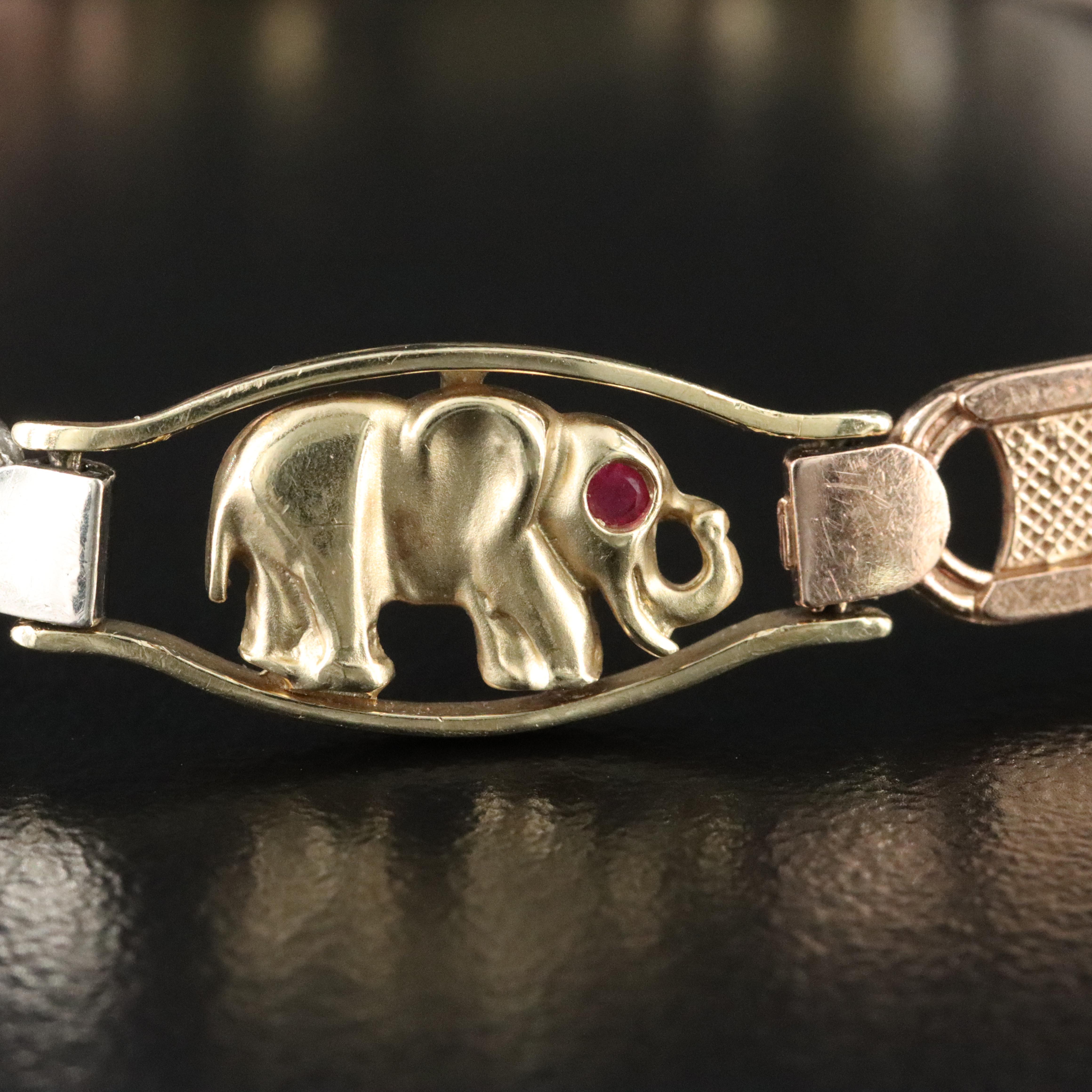 14K Tri-Color Elephant Link Bracelet with Ruby Eyes