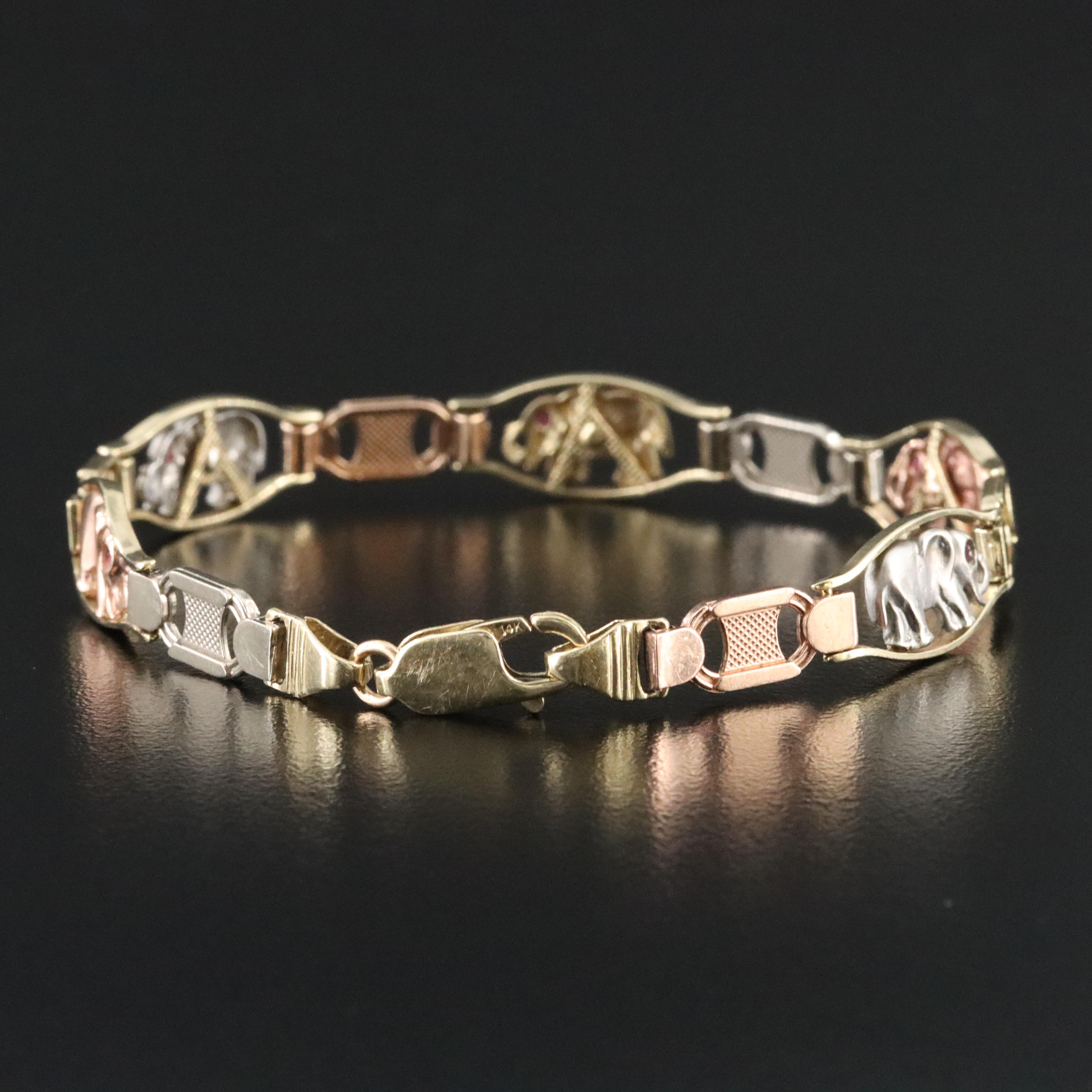 14K Tri-Color Elephant Link Bracelet with Ruby Eyes
