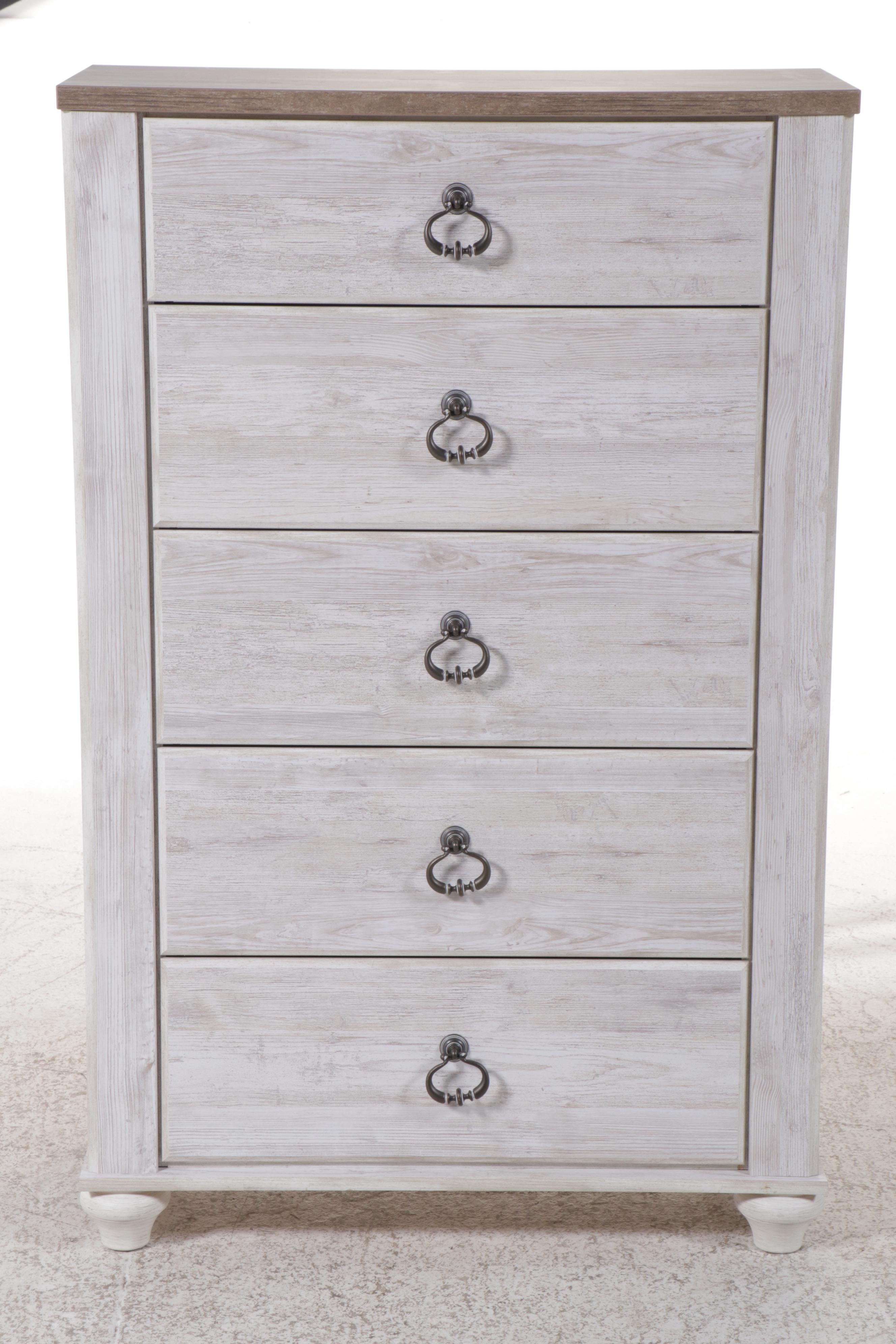 Contemporary Ashley Furniture Five-Drawer Chest with Whitewash Finish