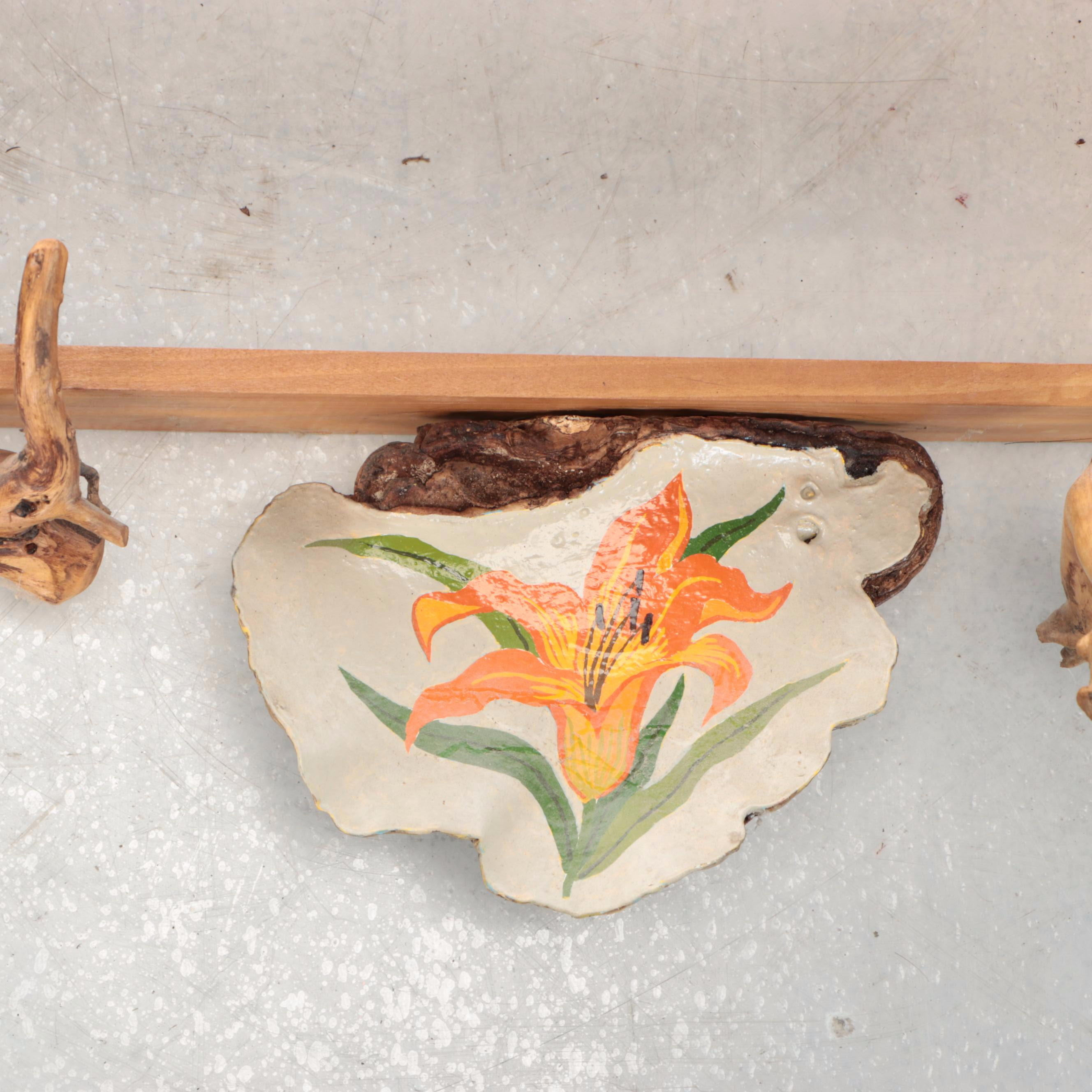Robert Beaven Wall Shelf with Gnarled Wood Framing and Hand-Painted Daylilies