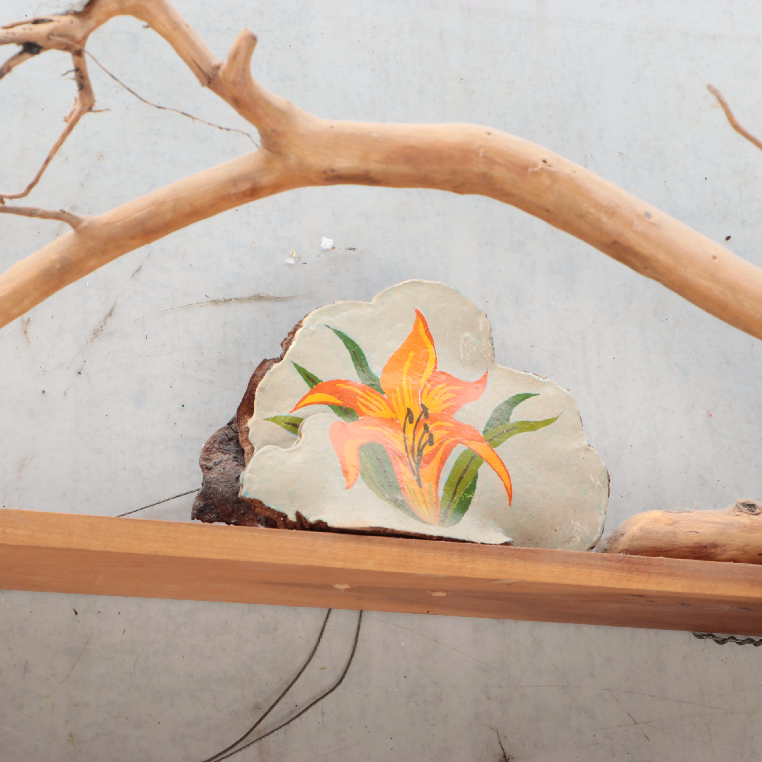 Robert Beaven Wall Shelf with Gnarled Wood Framing and Hand-Painted Daylilies