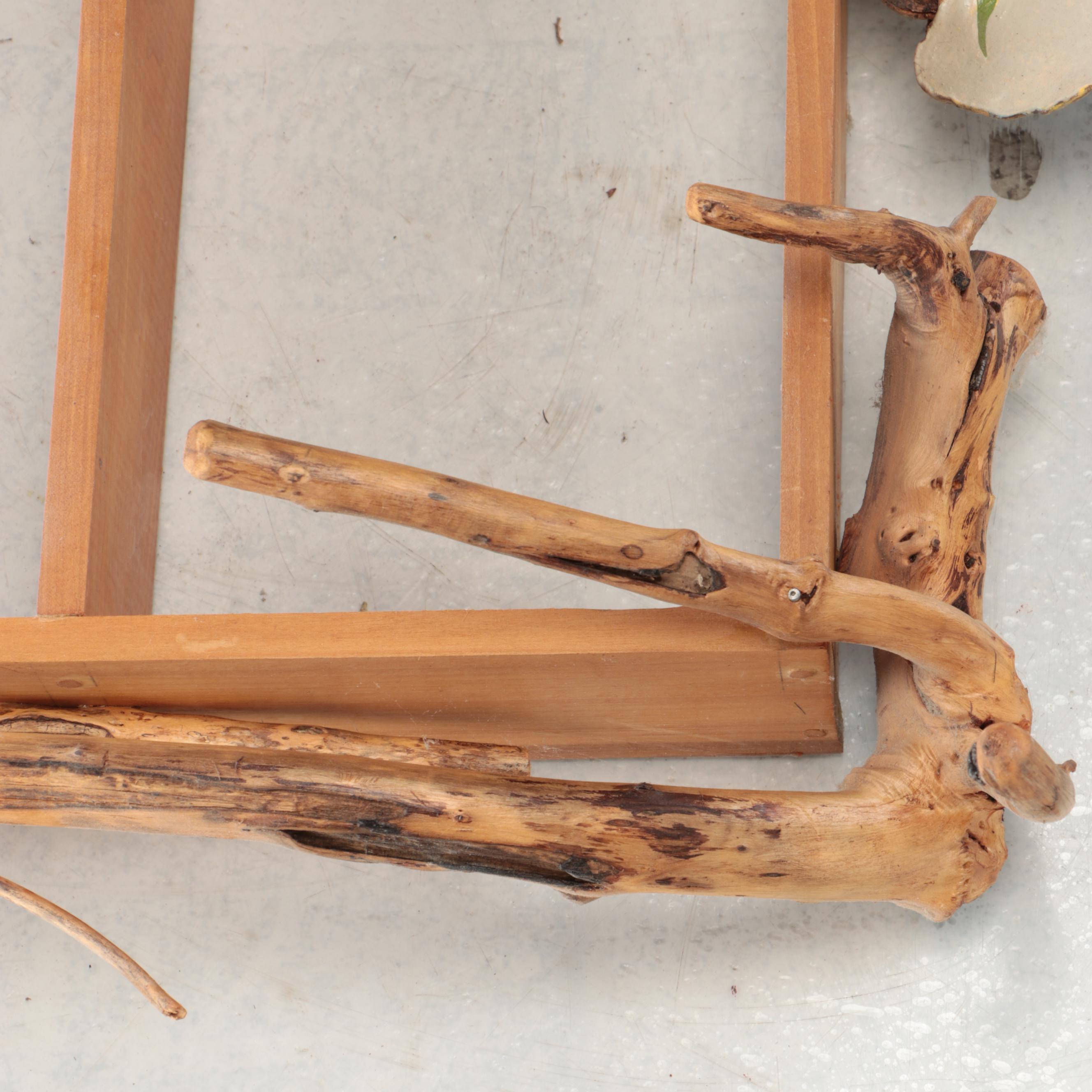 Robert Beaven Wall Shelf with Gnarled Wood Framing and Hand-Painted Daylilies