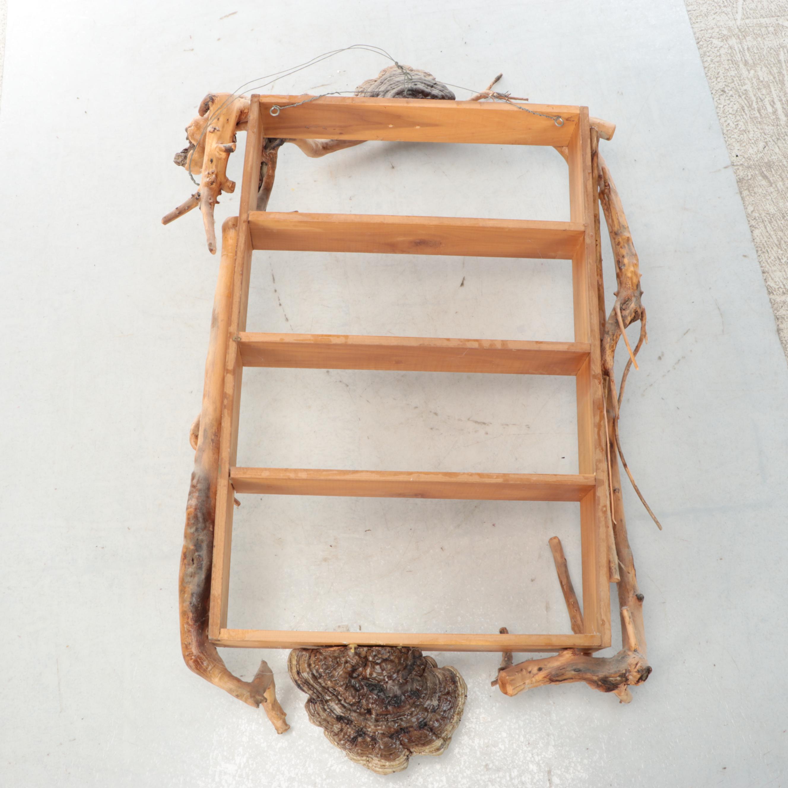 Robert Beaven Wall Shelf with Gnarled Wood Framing and Hand-Painted Daylilies