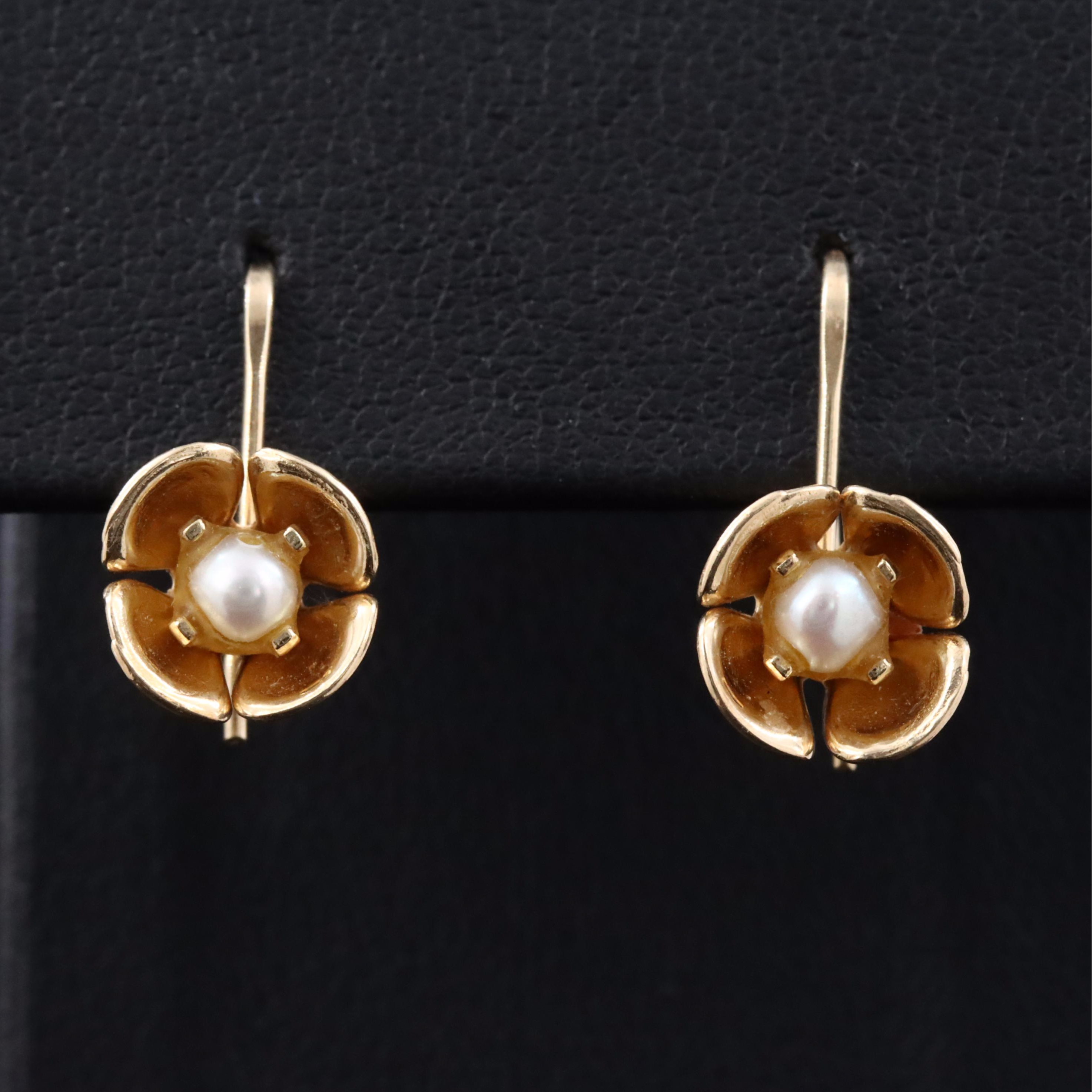 14K Pearl Drop Flower Earrings
