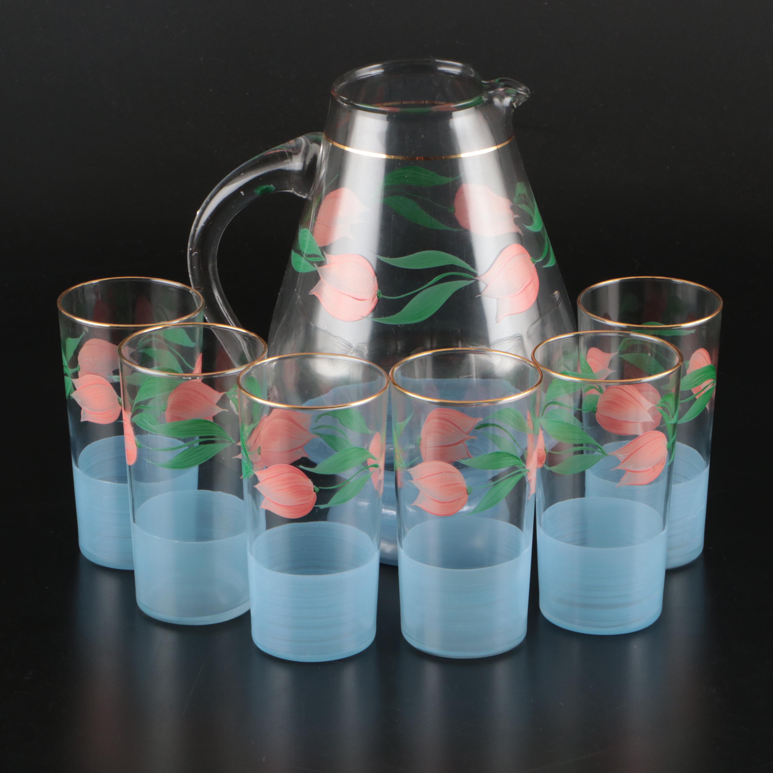 Federal Glass Co. Tulip Decorated Glass Pitcher and Tumblers, 20th C.