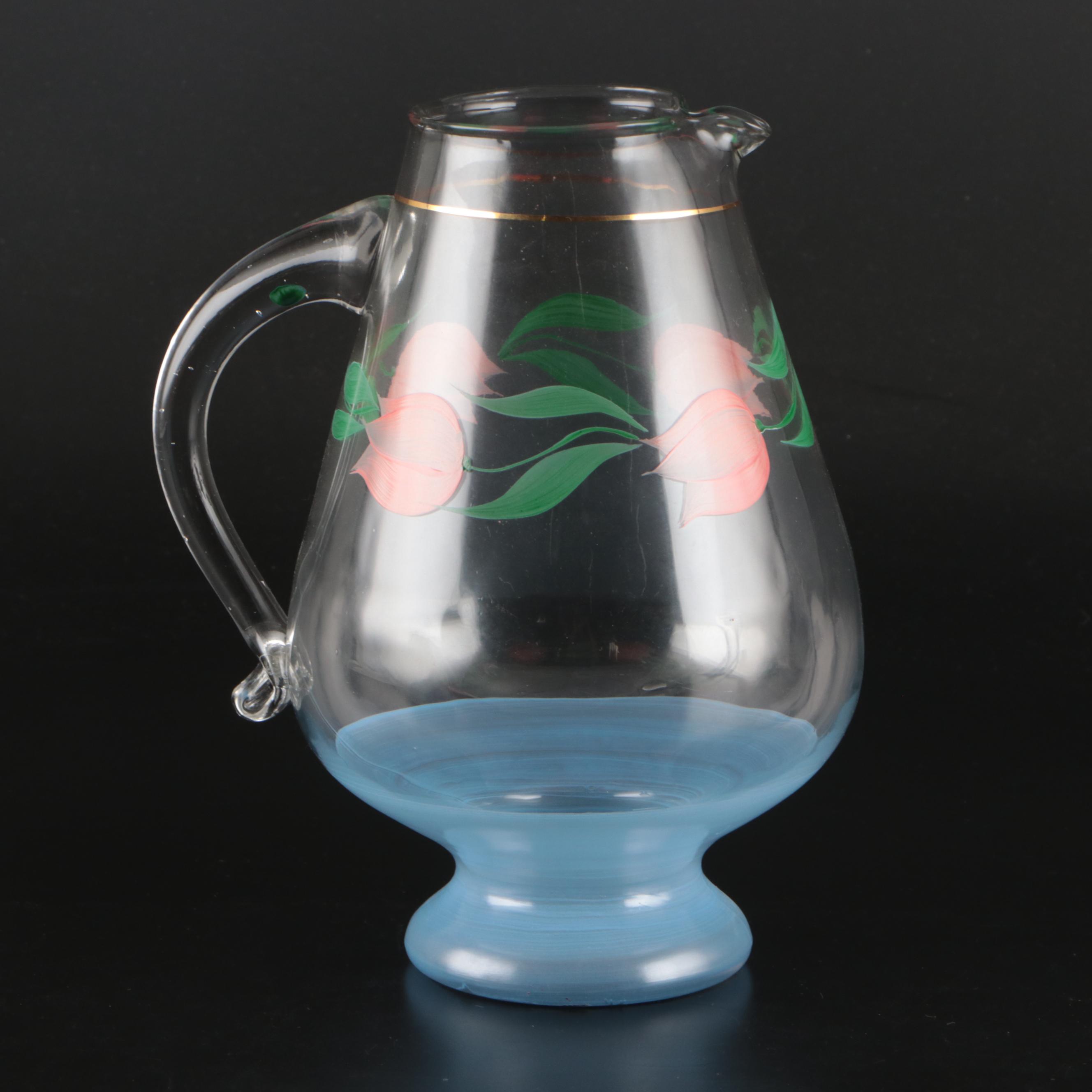 Federal Glass Co. Tulip Decorated Glass Pitcher and Tumblers, 20th C.