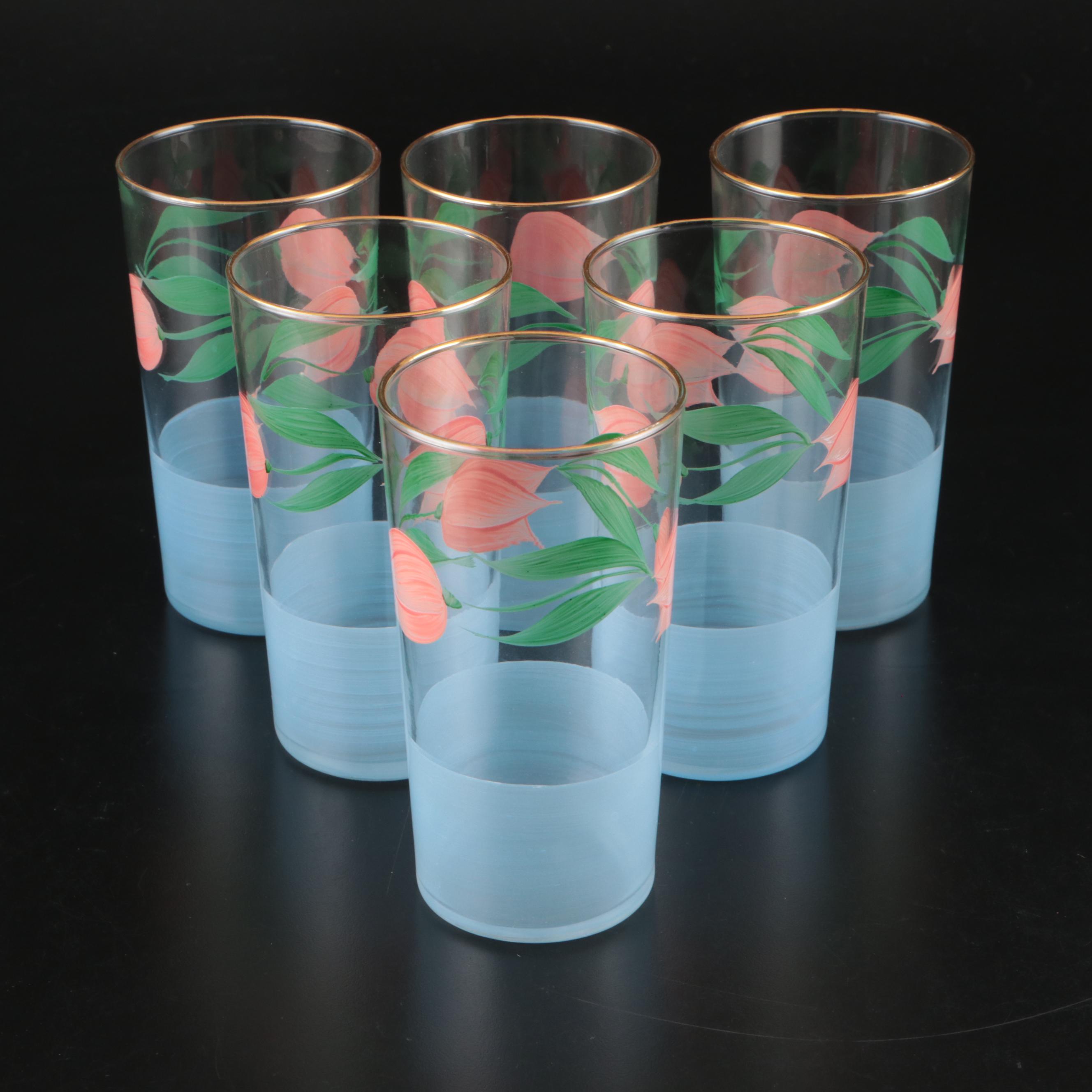 Federal Glass Co. Tulip Decorated Glass Pitcher and Tumblers, 20th C.