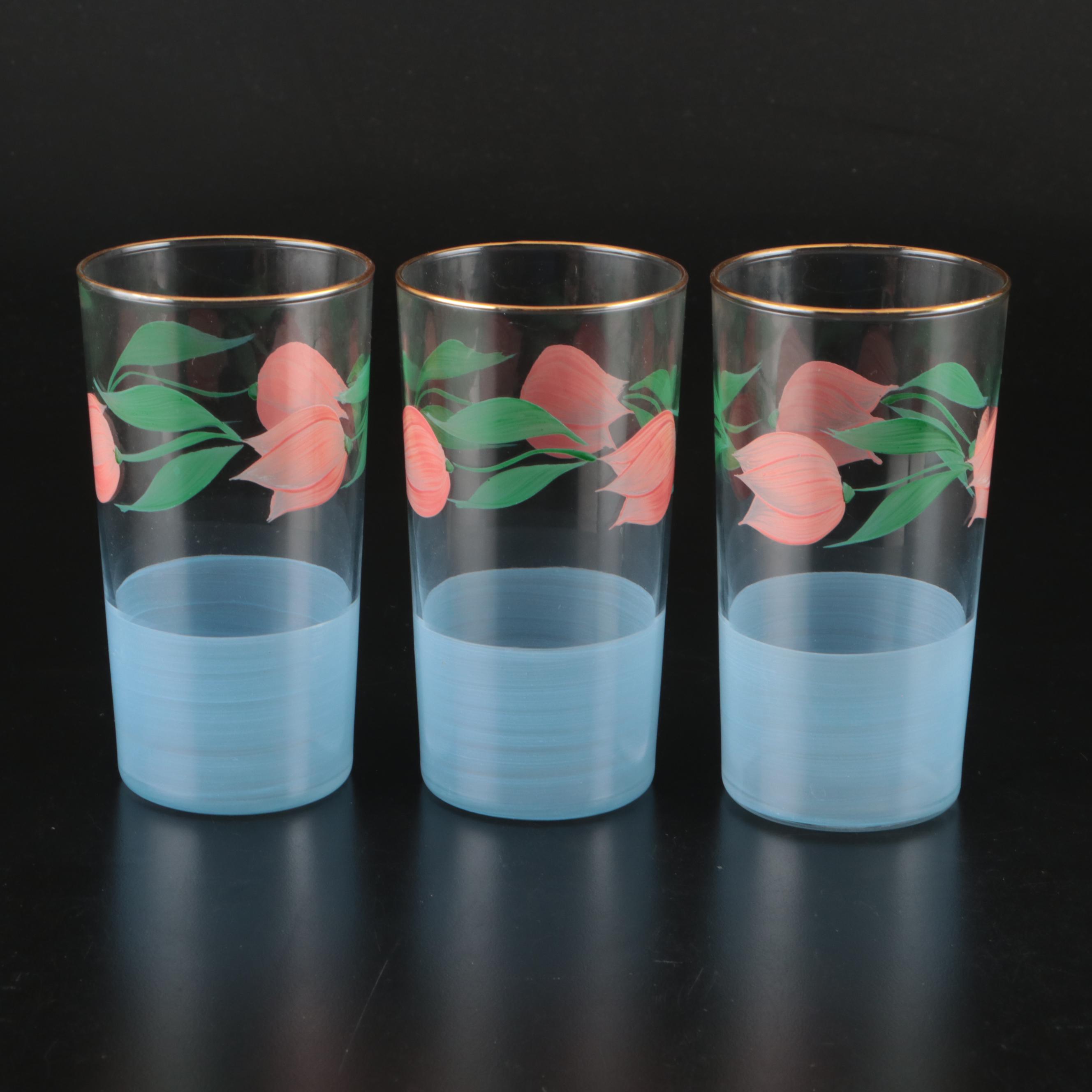 Federal Glass Co. Tulip Decorated Glass Pitcher and Tumblers, 20th C.
