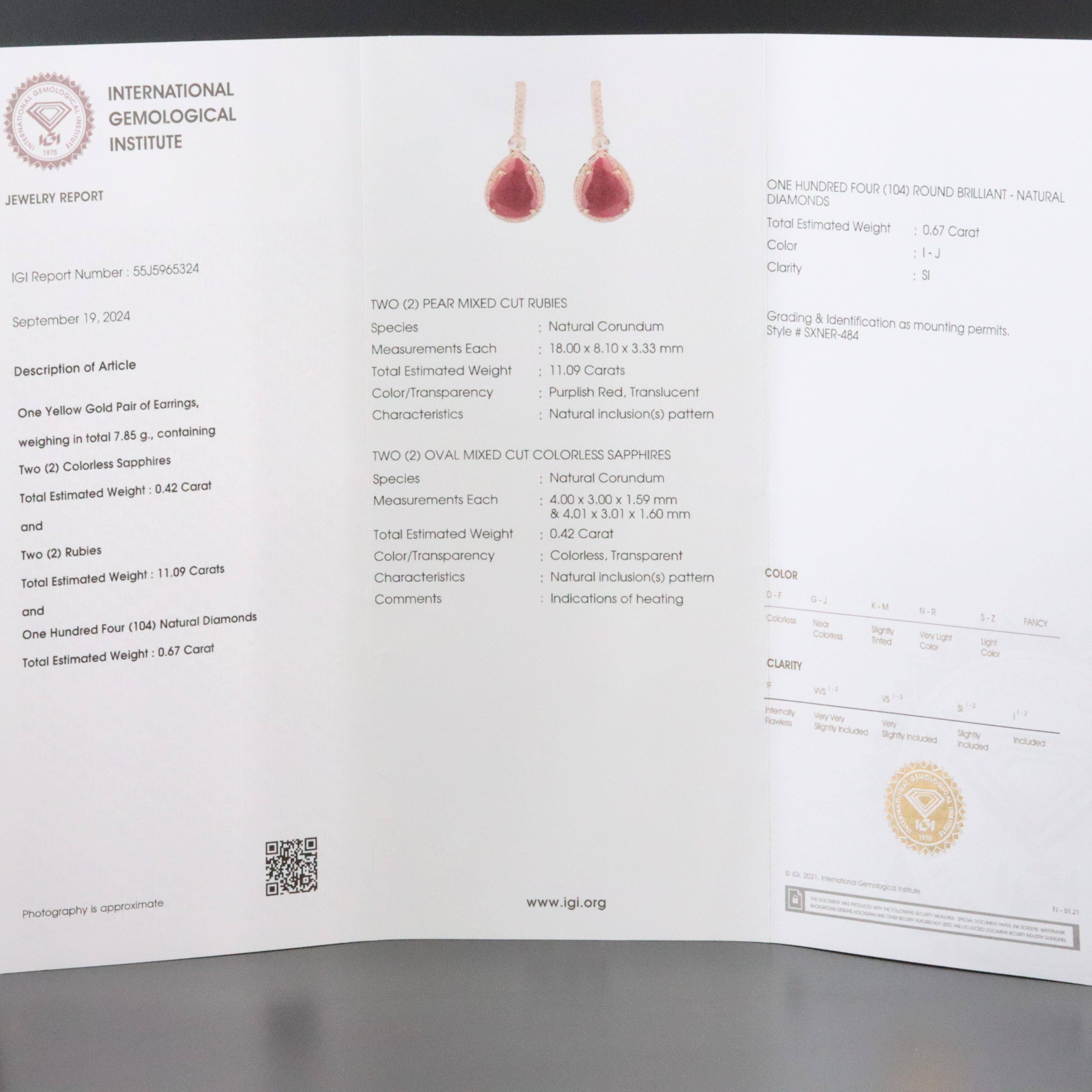 14K 11.09 CTW Ruby, White Sapphire, and Diamond Earrings with IGI Jewelry Report