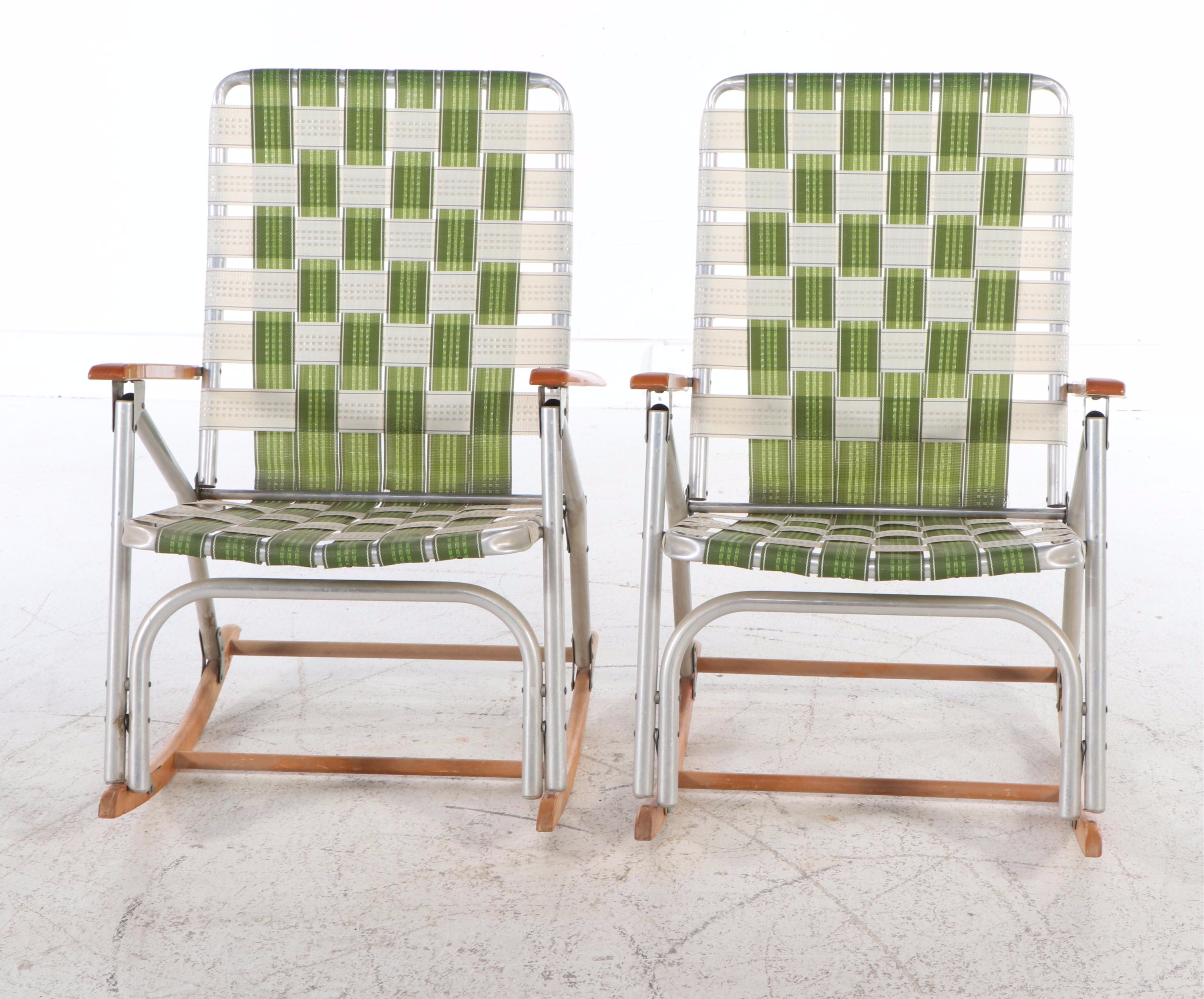 Telescope Green and White Woven Folding Rocking Chairs, Mid to Late 20th Century