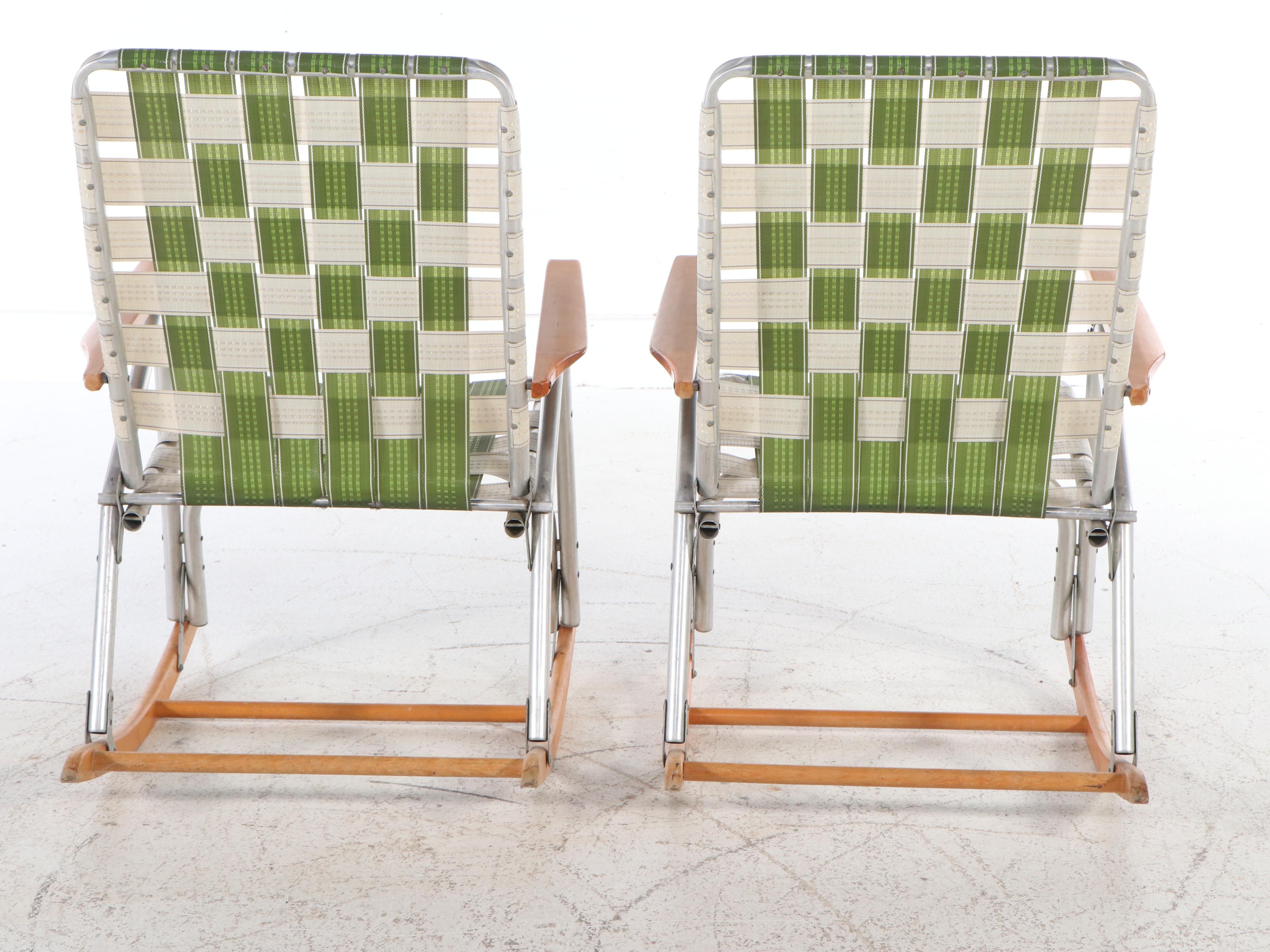 Telescope Green and White Woven Folding Rocking Chairs, Mid to Late 20th Century