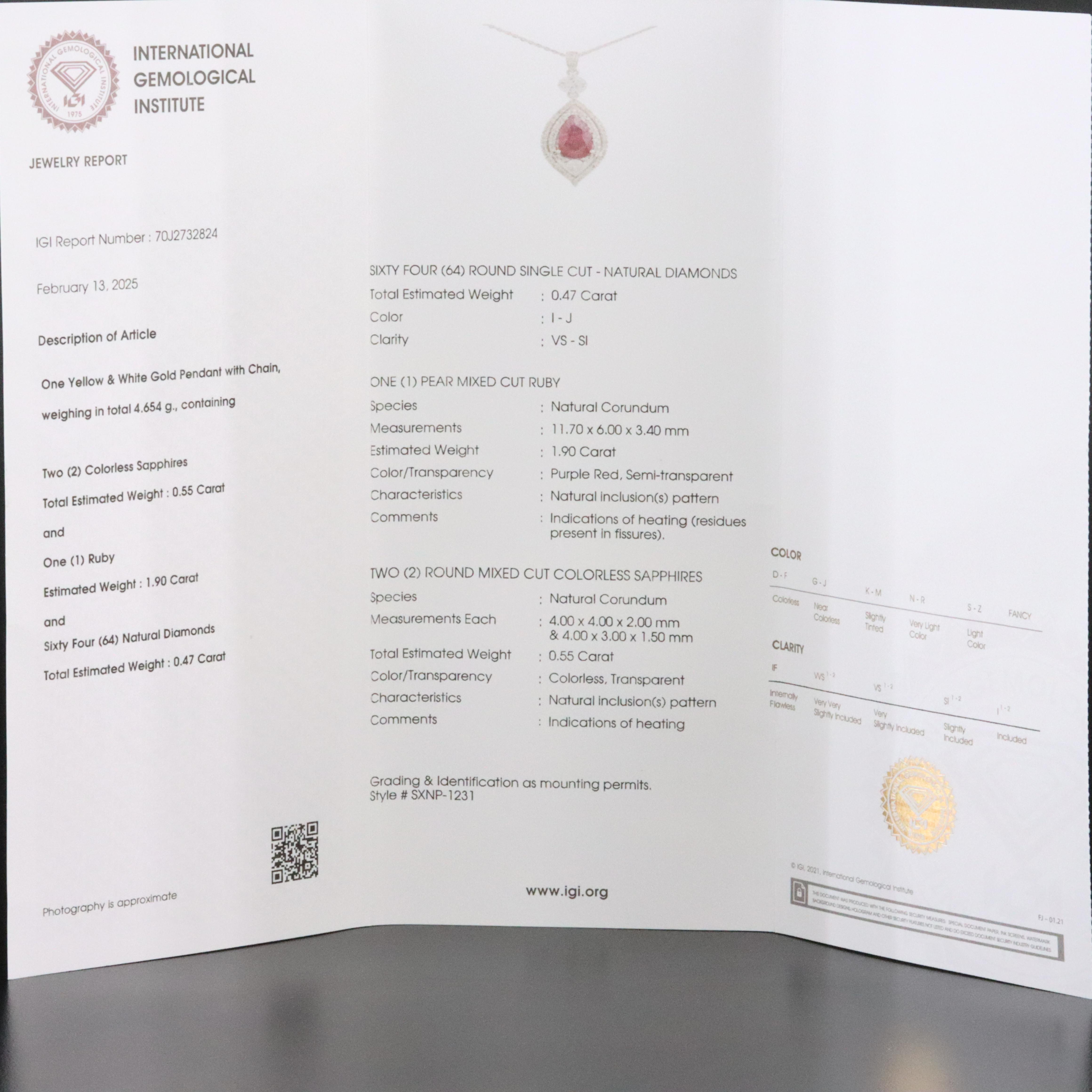 14K 1.90 CT Ruby, White Sapphire, and Diamond Necklace with IGI Jewelry Report