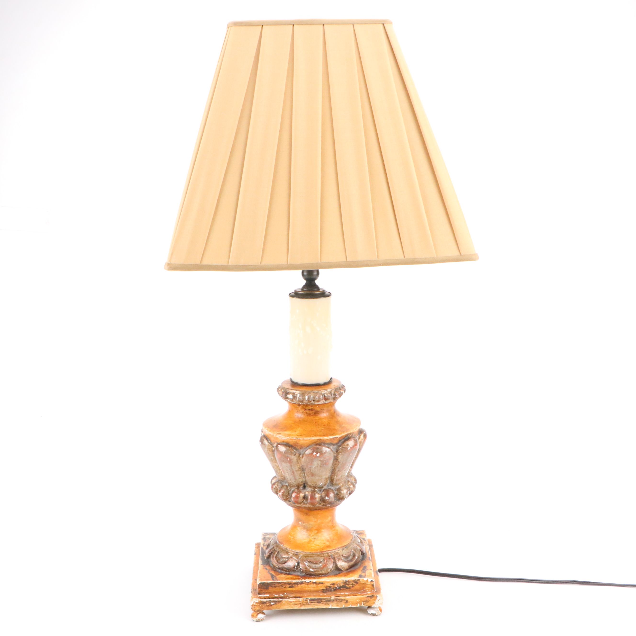 Painted Chalkware Table Lamp with Box Pleat Silk Shade
