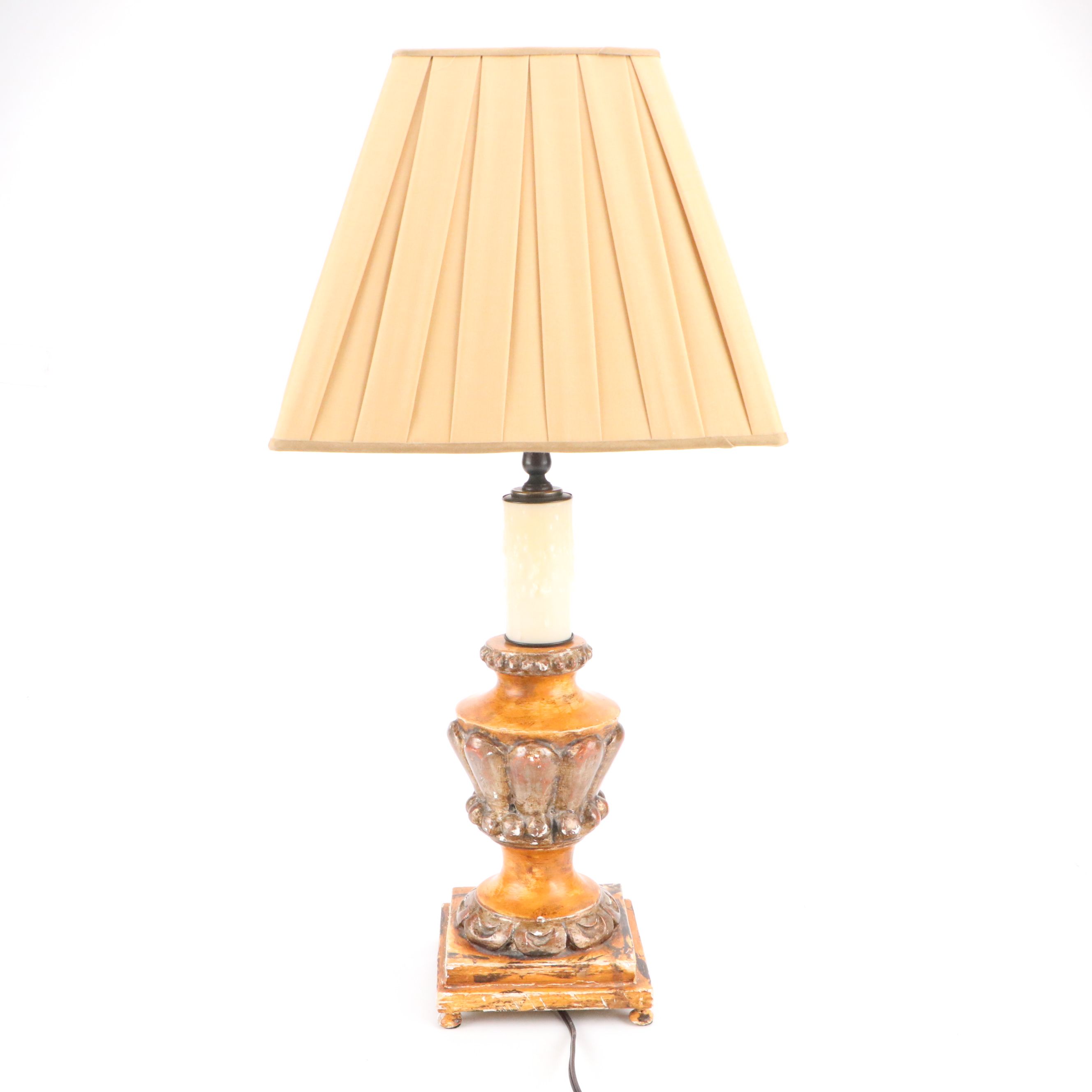Painted Chalkware Table Lamp with Box Pleat Silk Shade
