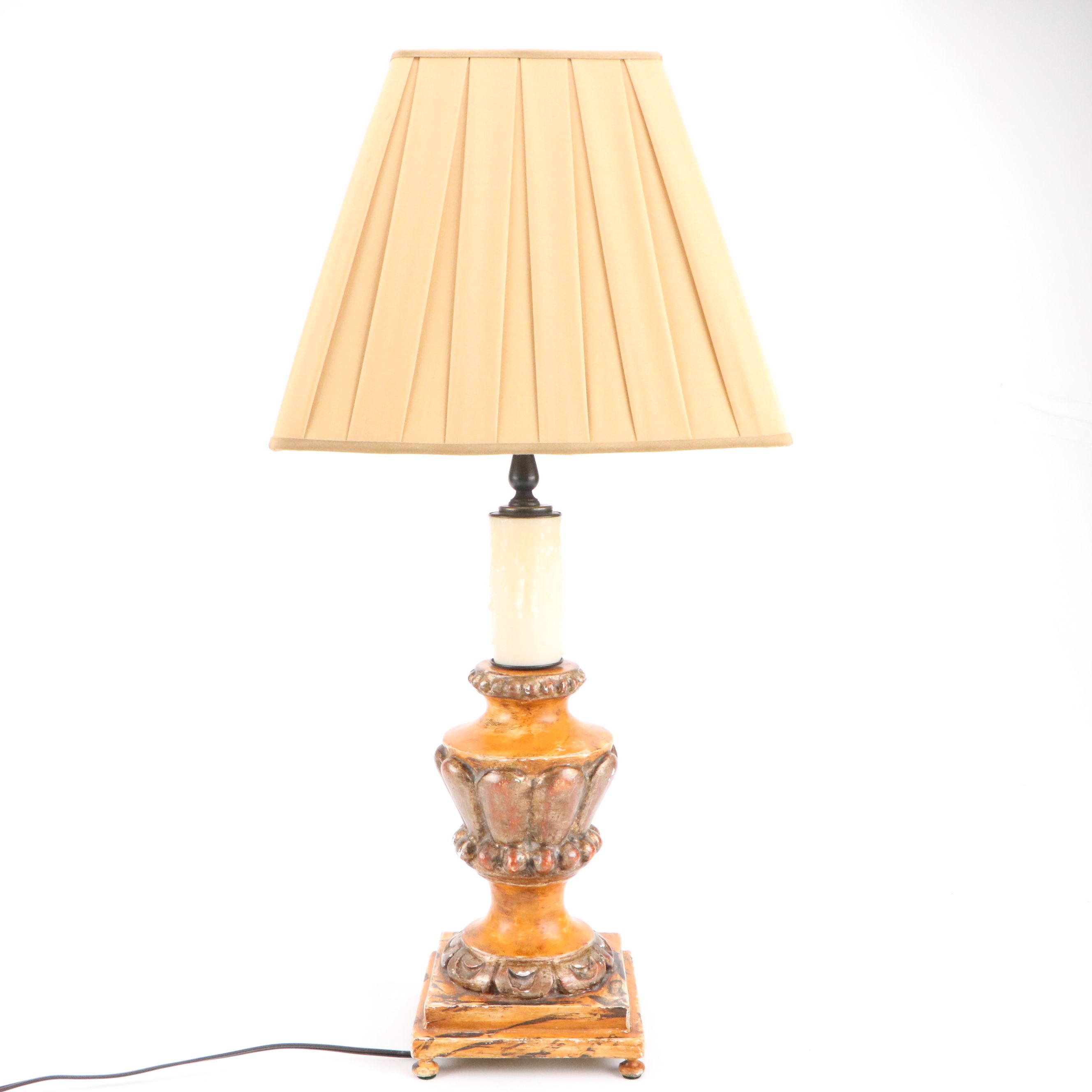 Painted Chalkware Table Lamp with Box Pleat Silk Shade