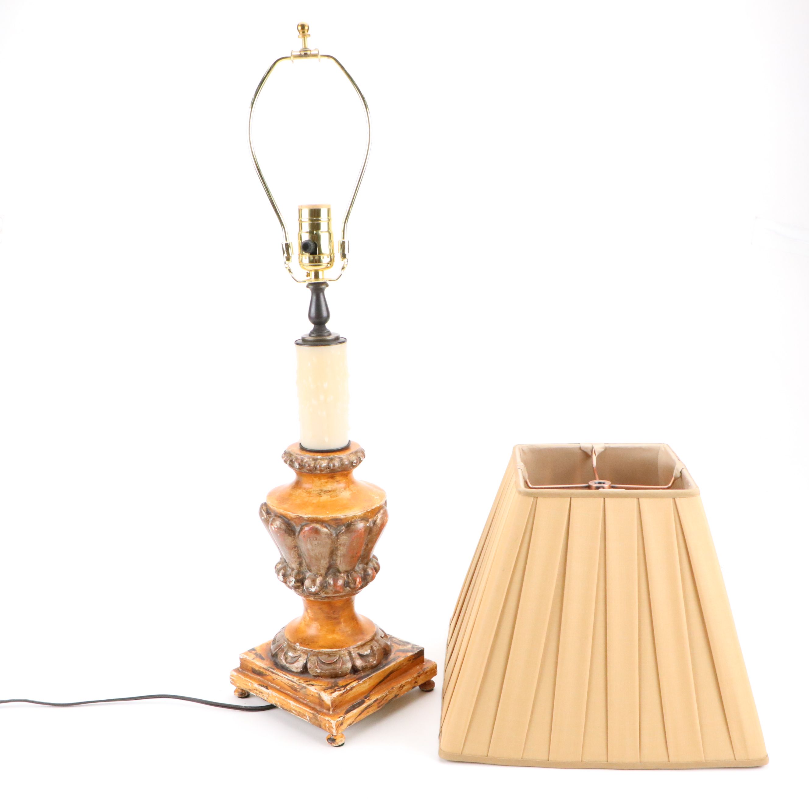 Painted Chalkware Table Lamp with Box Pleat Silk Shade