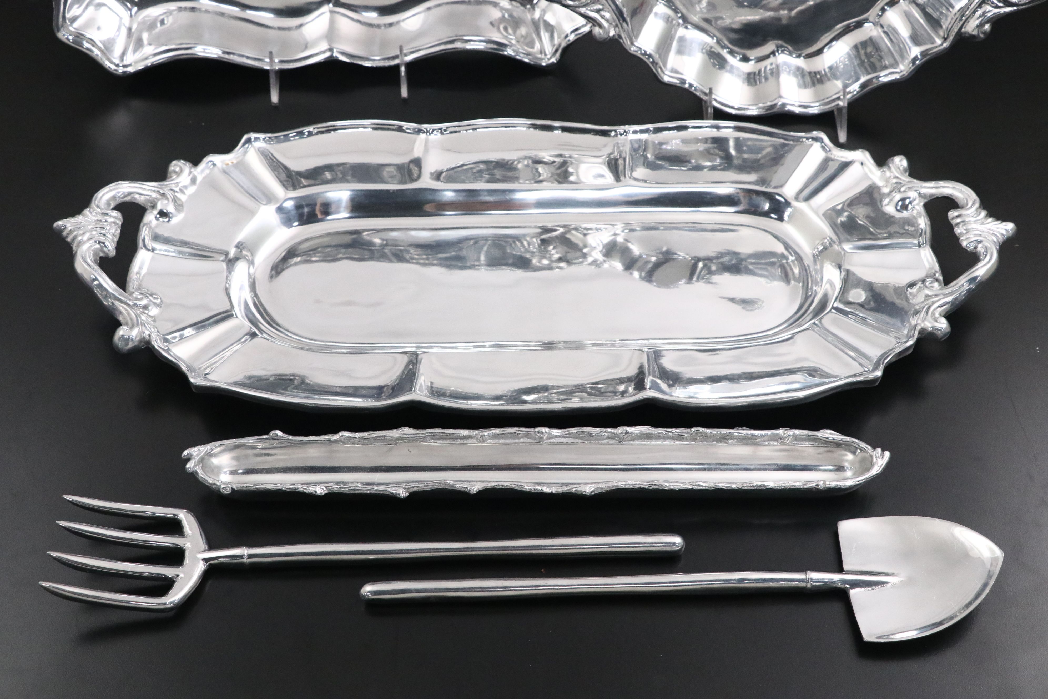 Beatriz Ball and Mariposa Metal Serving Trays with More Metal Serveware