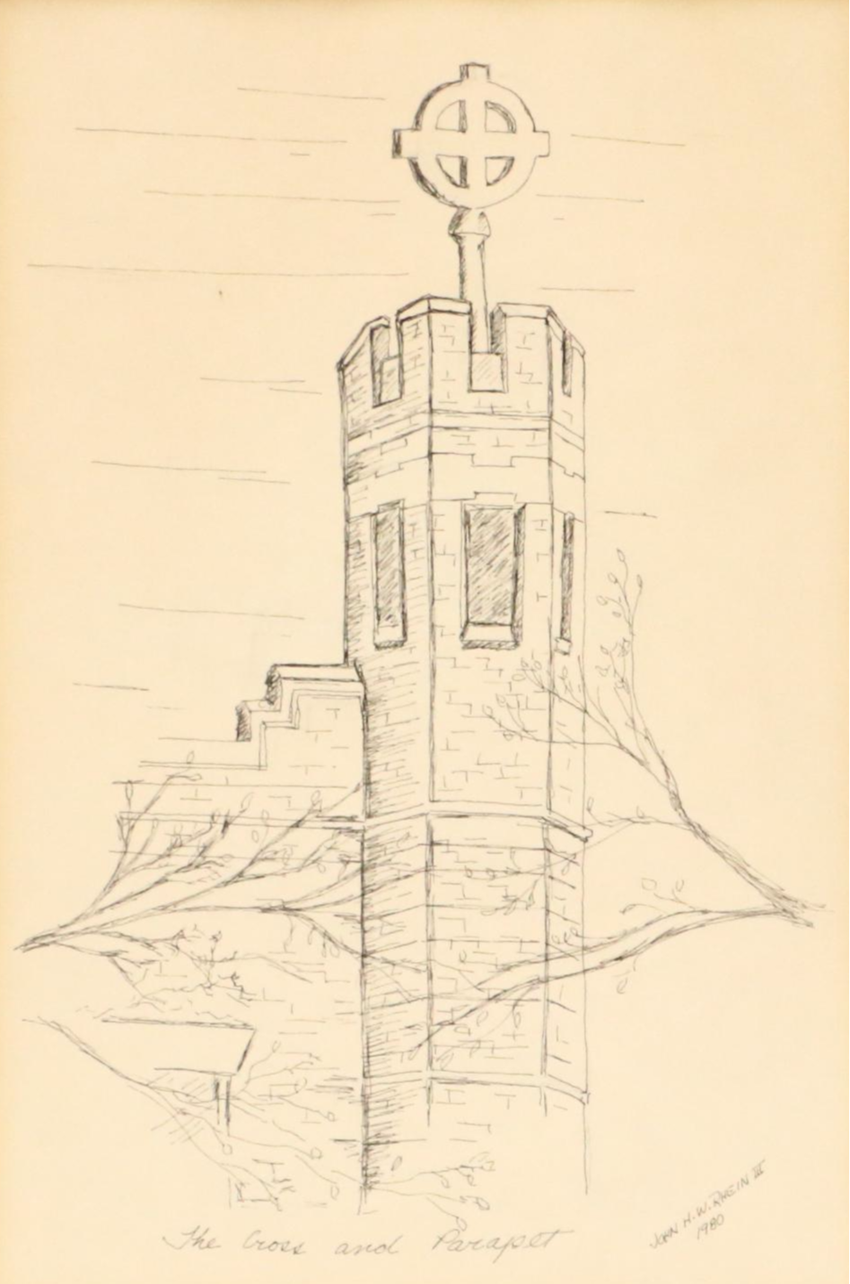 John H. W. Rhein III Ink Drawing "The Cross and Parapet," 1980
