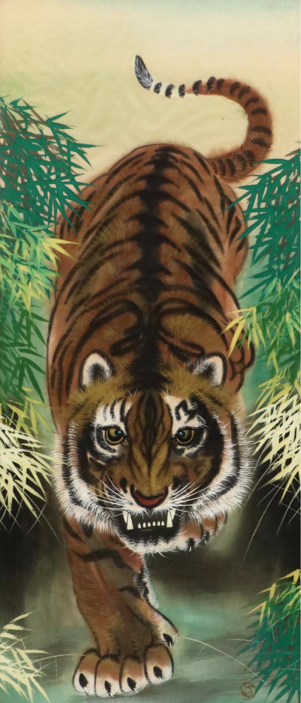 Southeast Asian School Gouache Painting on Silk of Tiger in Bamboo