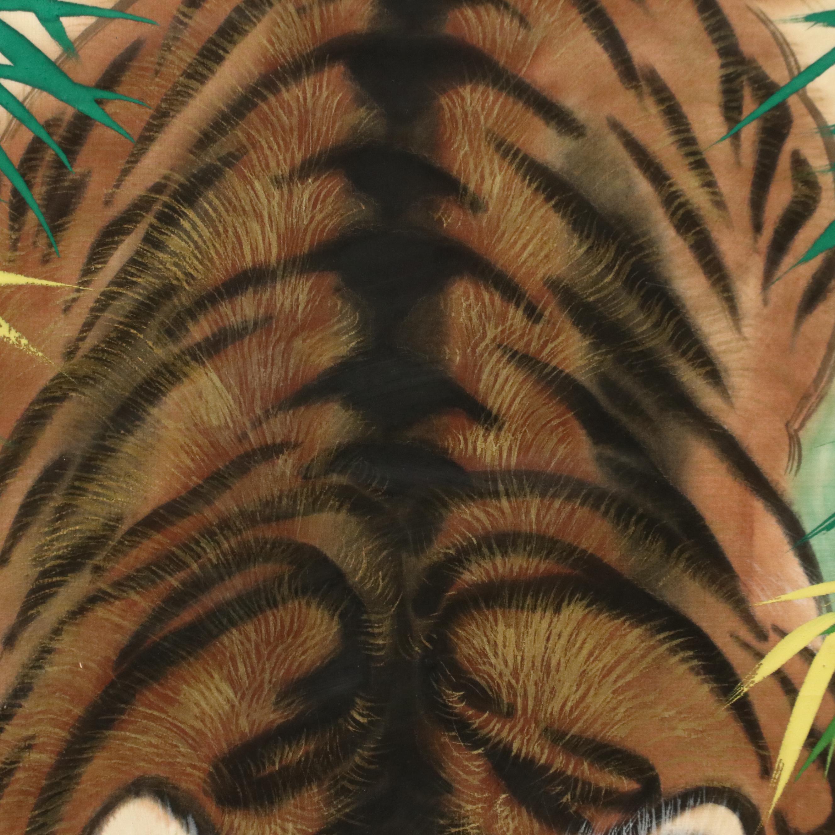 Southeast Asian School Gouache Painting on Silk of Tiger in Bamboo