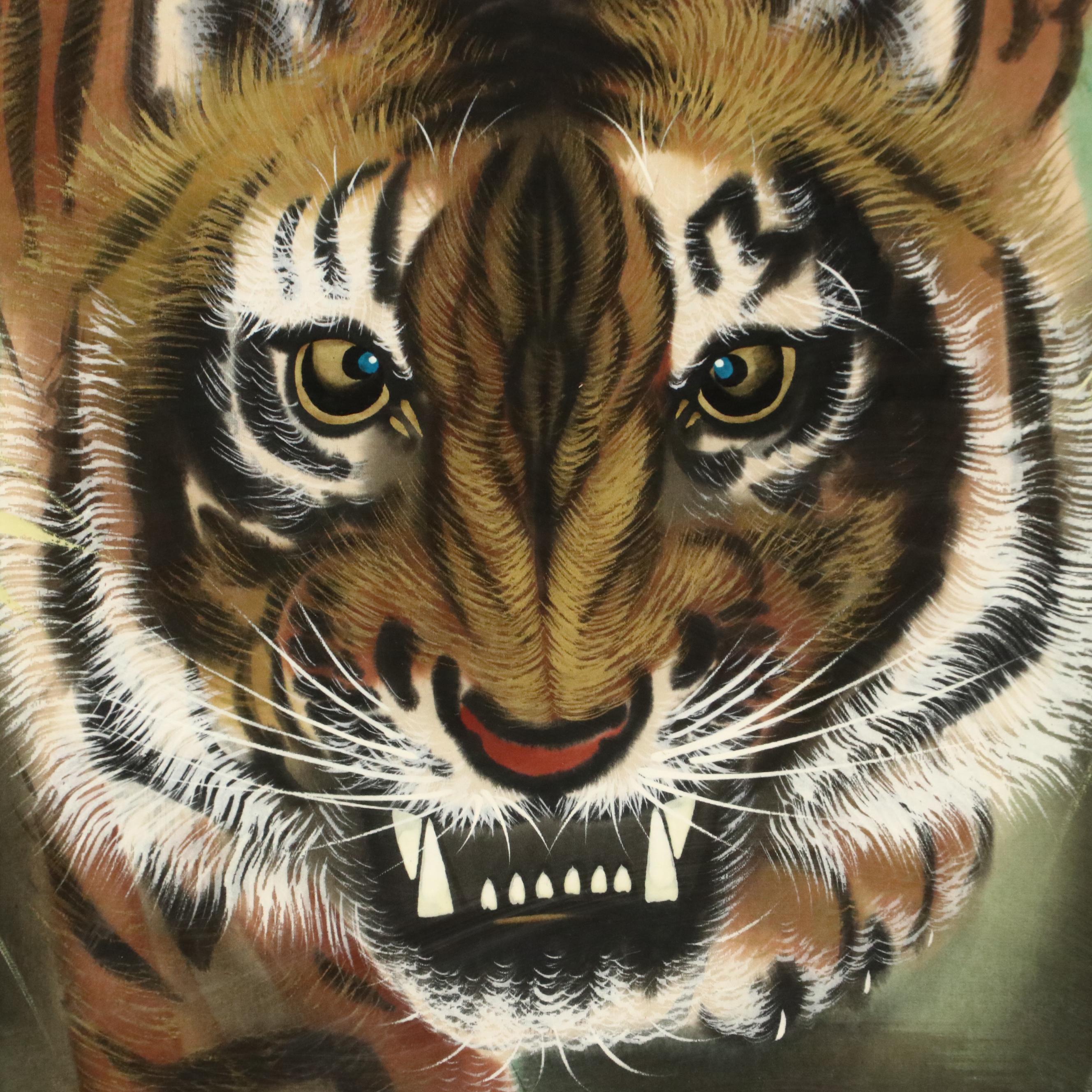 Southeast Asian School Gouache Painting on Silk of Tiger in Bamboo