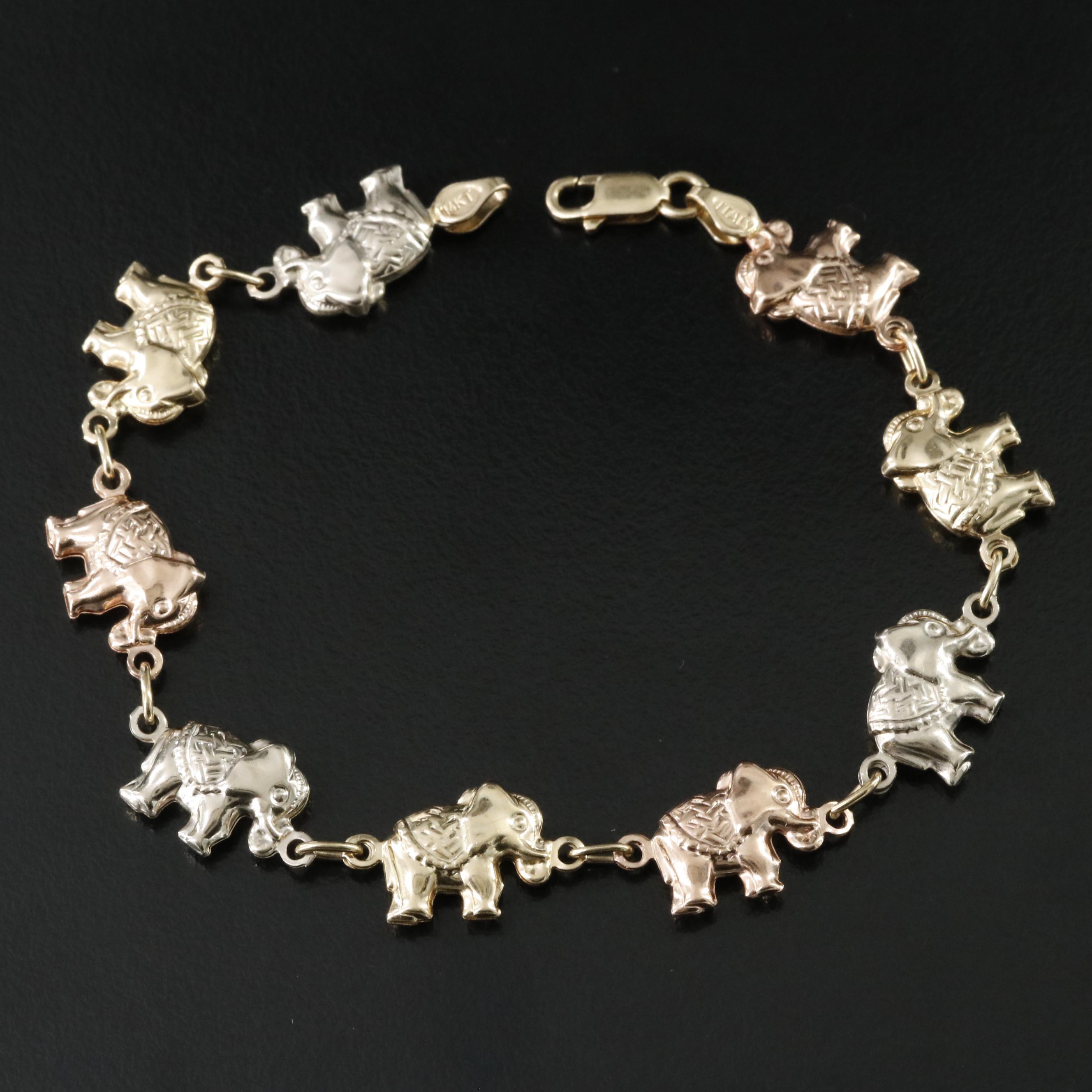 Italian 14K Tri-Color Elephant Link Bracelet