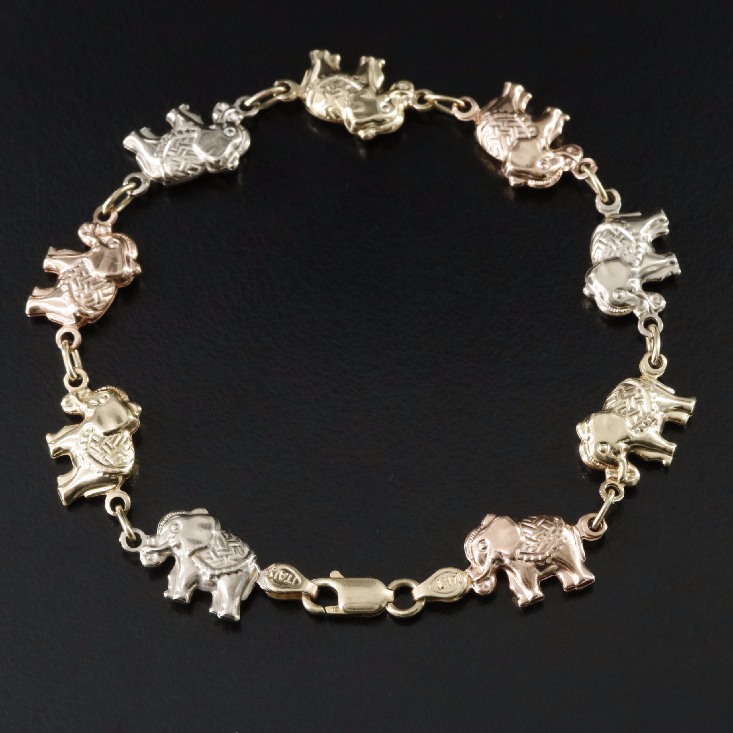 Italian 14K Tri-Color Elephant Link Bracelet