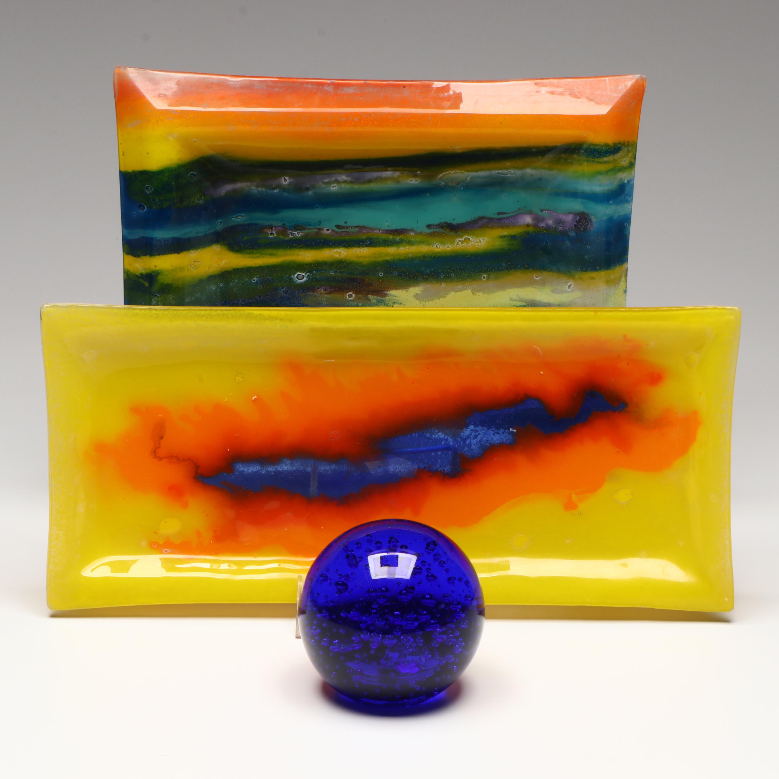 Fused Art Glass Plate and Platter with Blue Trapped Bubble Paperweight