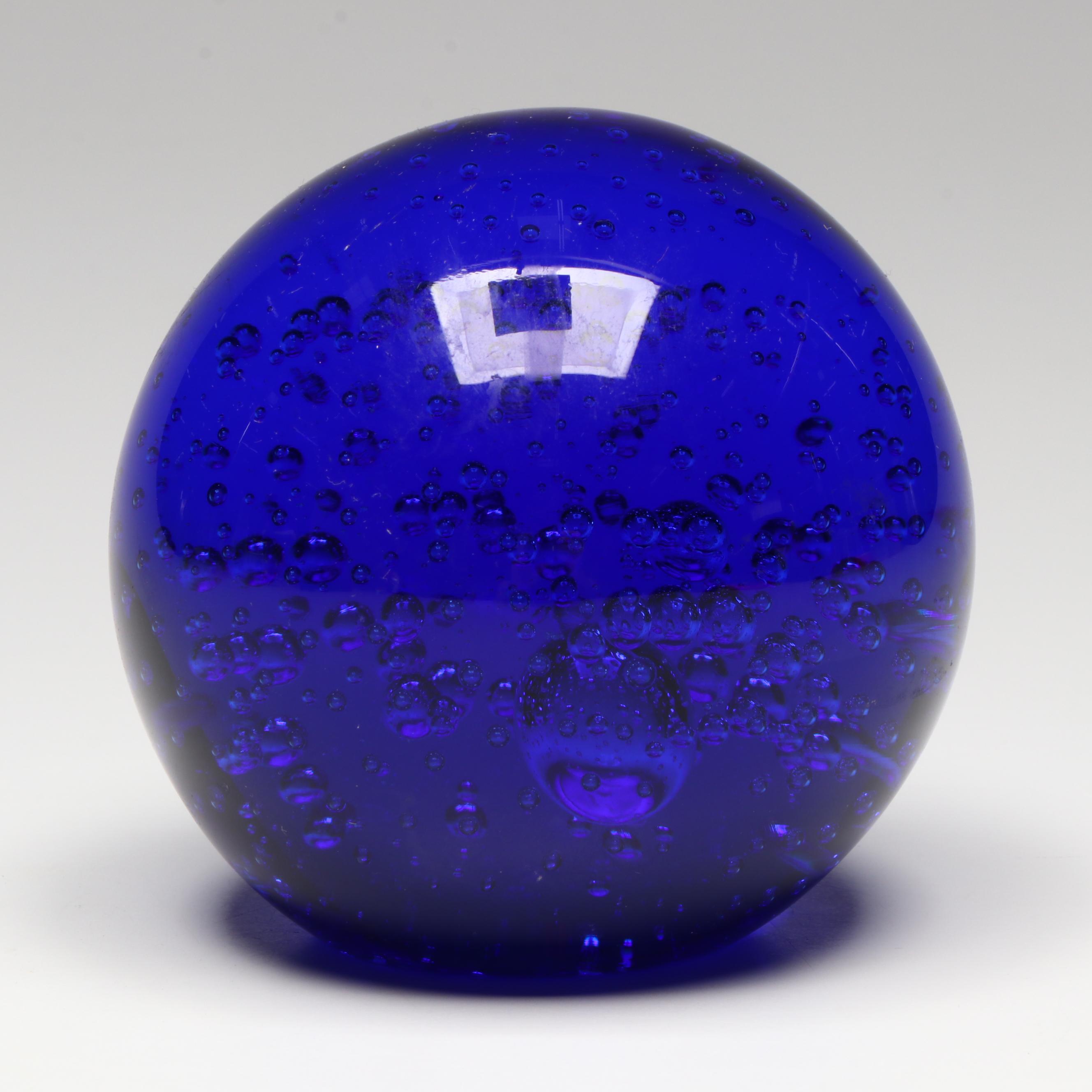 Fused Art Glass Plate and Platter with Blue Trapped Bubble Paperweight